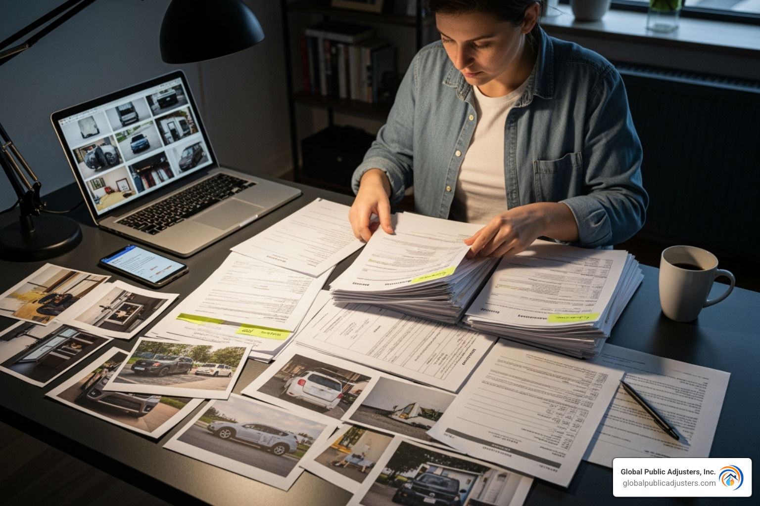 a person organizing documents and photos for an insurance claim - attorneys that fight insurance companies