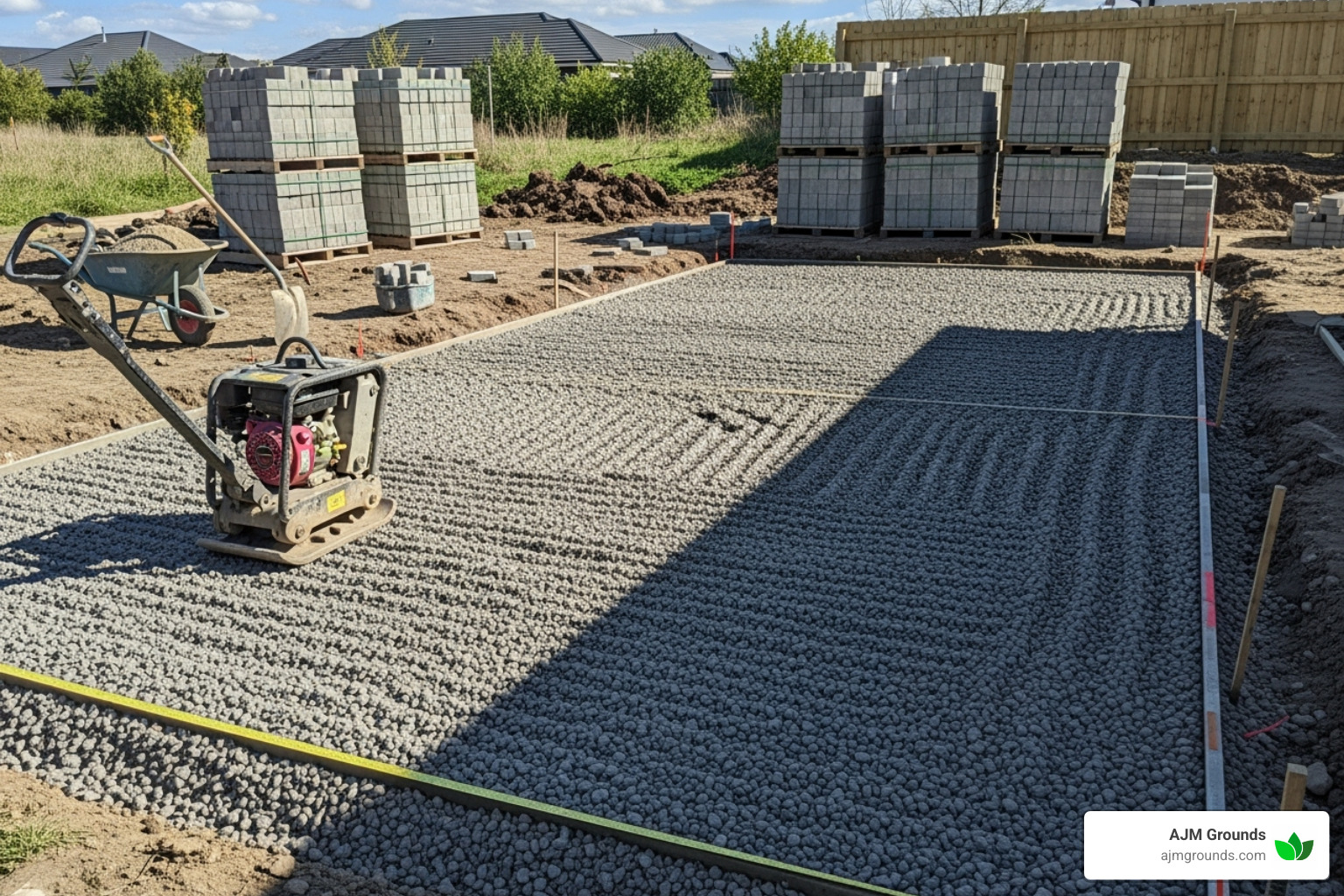 construction site showing the compacted gravel base layer for a new patio, highlighting the professional preparation involved - Patio design and installation