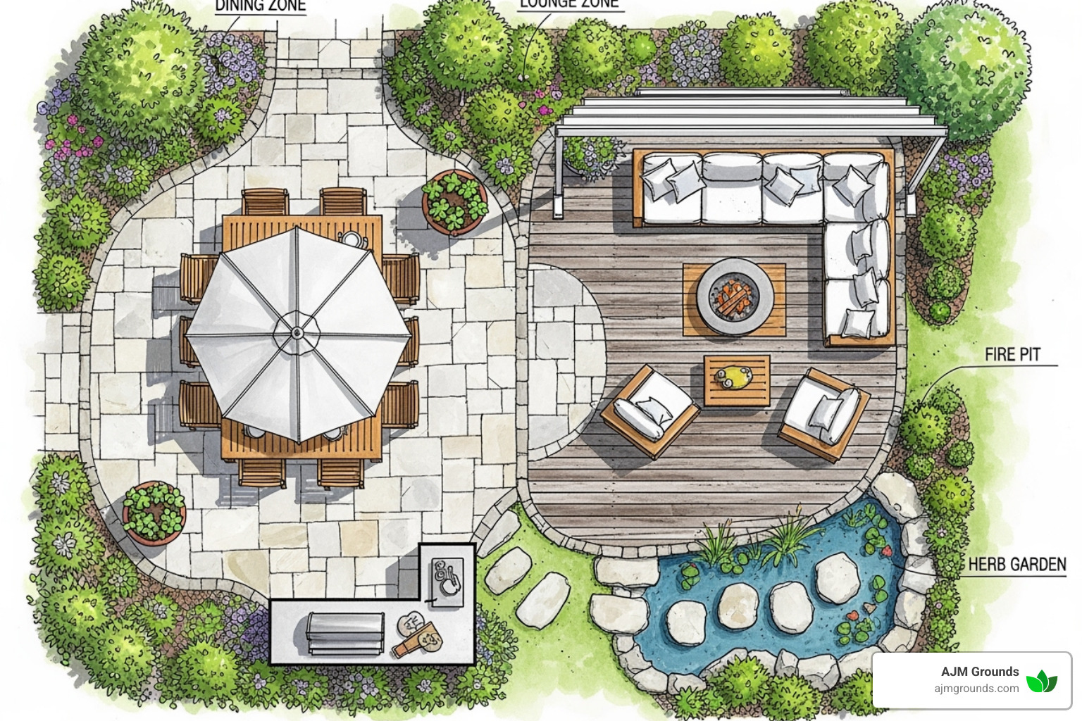 detailed patio design sketch showing different zones for dining and lounging - Patio design and installation
