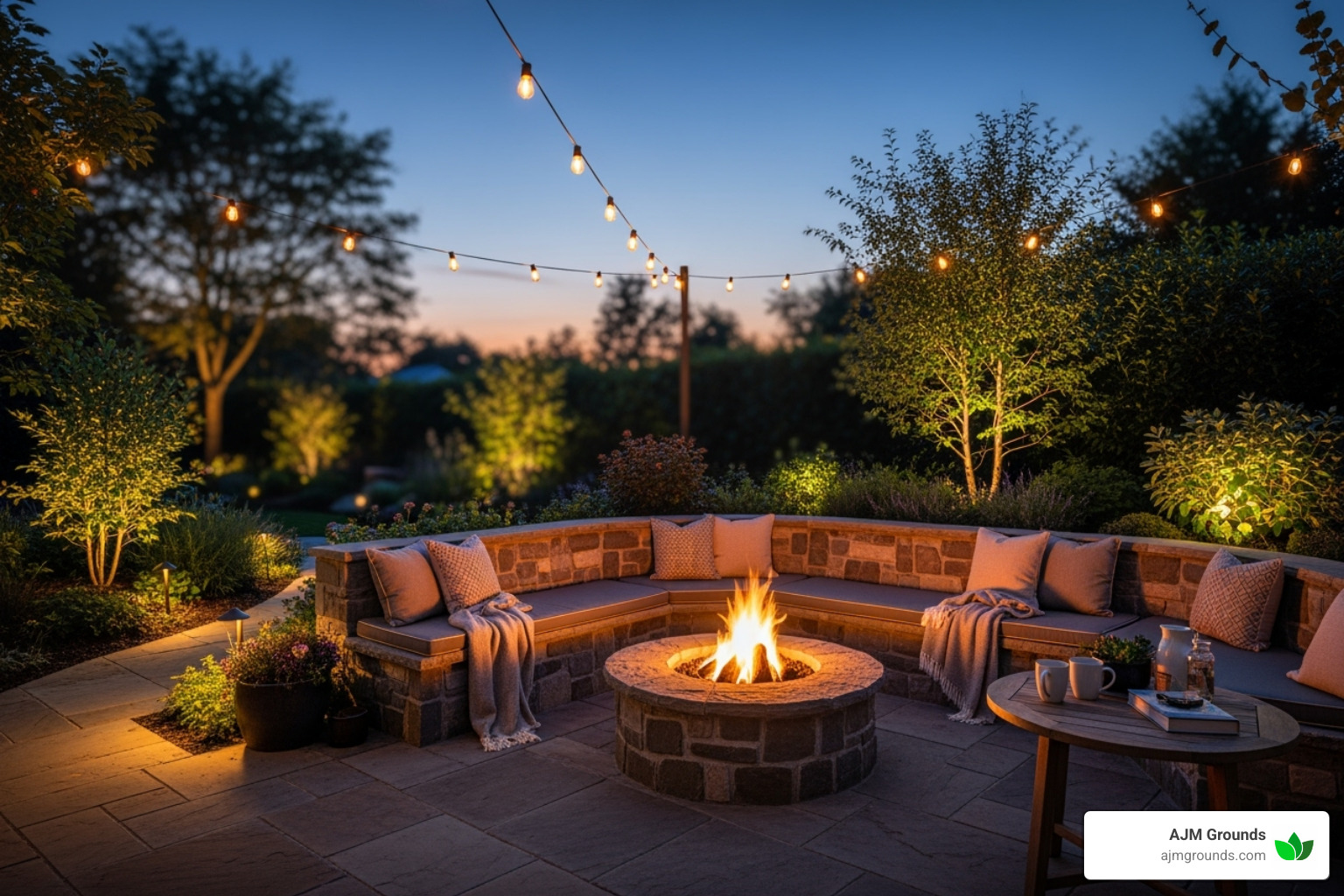 cozy patio at dusk featuring a built-in fire pit, seating wall, and ambient landscape lighting - Patio design and installation