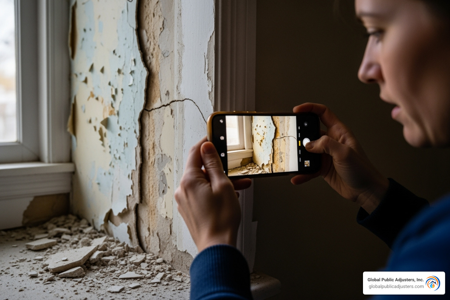person taking photos of property damage with a smartphone - fighting insurance adjuster