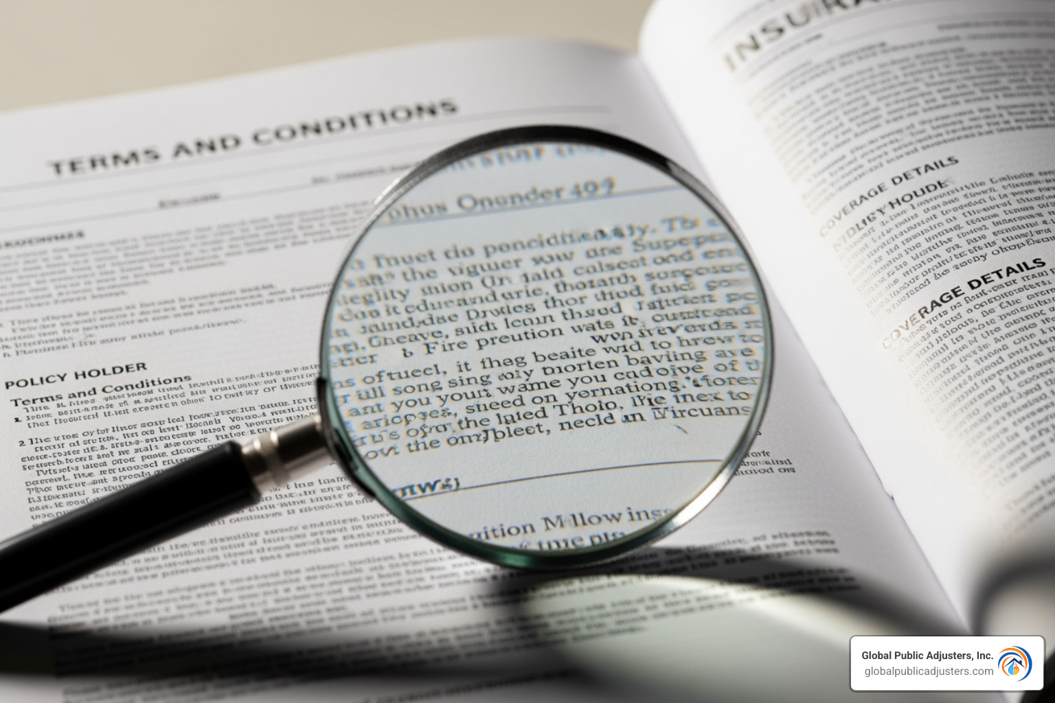 magnifying glass over an insurance policy document - fighting insurance adjuster