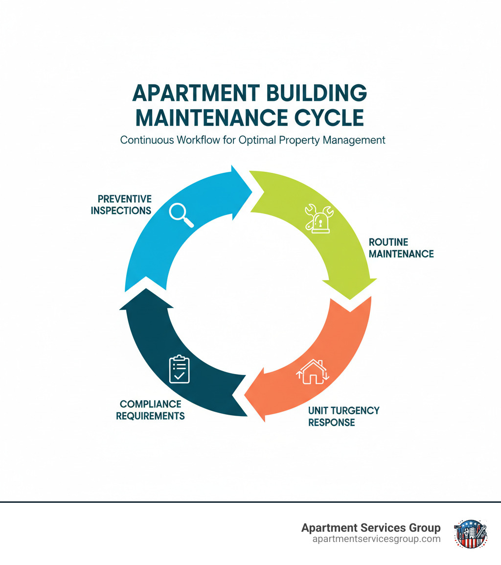 Comprehensive apartment building maintenance cycle showing preventive inspections, routine maintenance tasks, emergency response protocols, unit turnover procedures, and compliance requirements with arrows indicating continuous workflow - apartment building maintenance infographic 