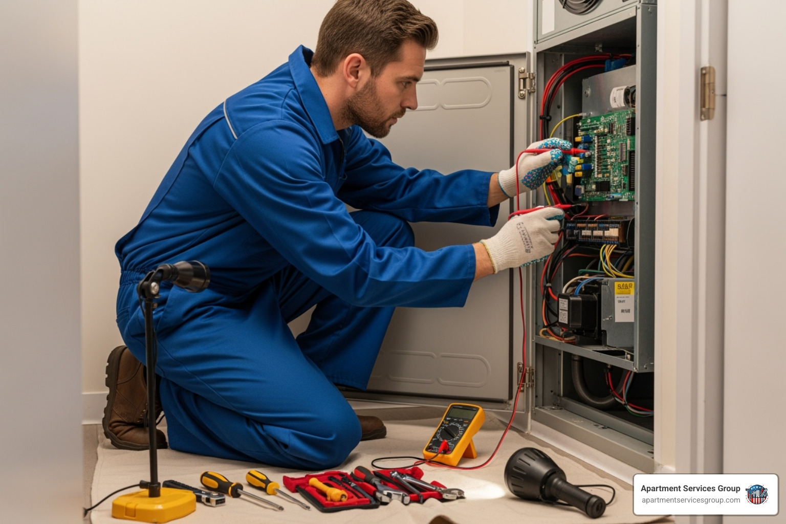 maintenance technician working on an HVAC unit - apartment building maintenance