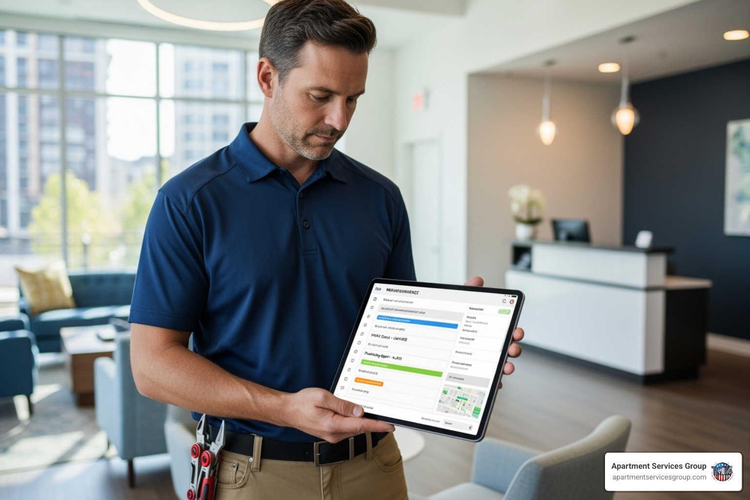 manager using a tablet with maintenance management software - apartment building maintenance