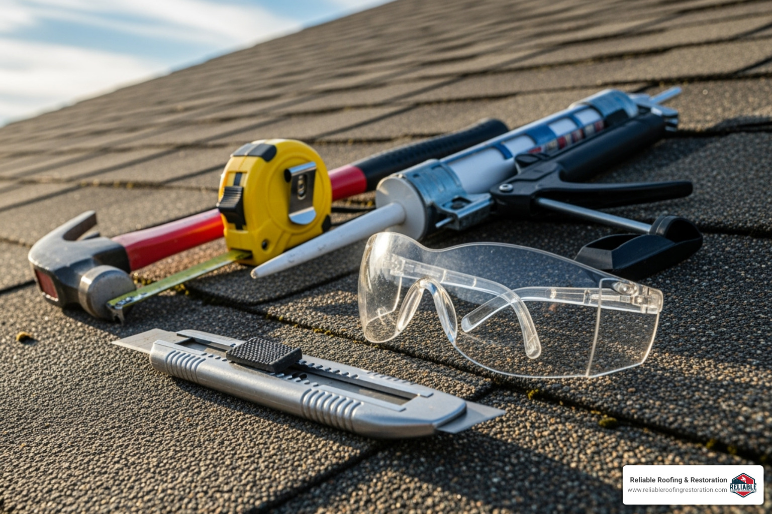 A collection of roofing tools including a hammer, tape measure, utility knife, caulk gun, and safety glasses laid out on a roof - Attic ventilation installation A collection of roofing tools including a hammer, tape measure, utility knife, caulk gun, and safety glasses laid out on a roof - Attic ventilation installation
