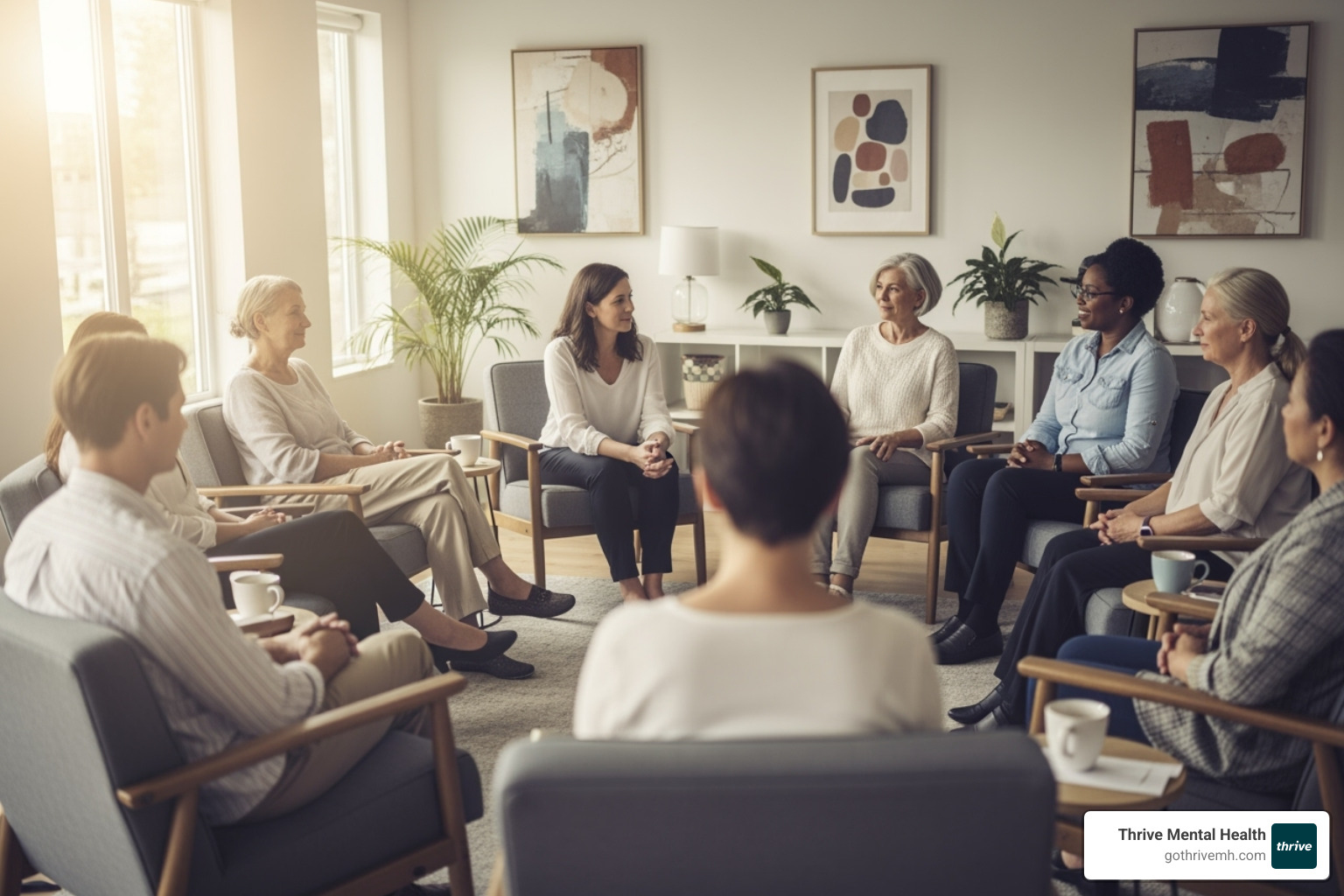 Diverse group in supportive therapy. Alt text: Group support in IOP for depression. - IOP for depression
