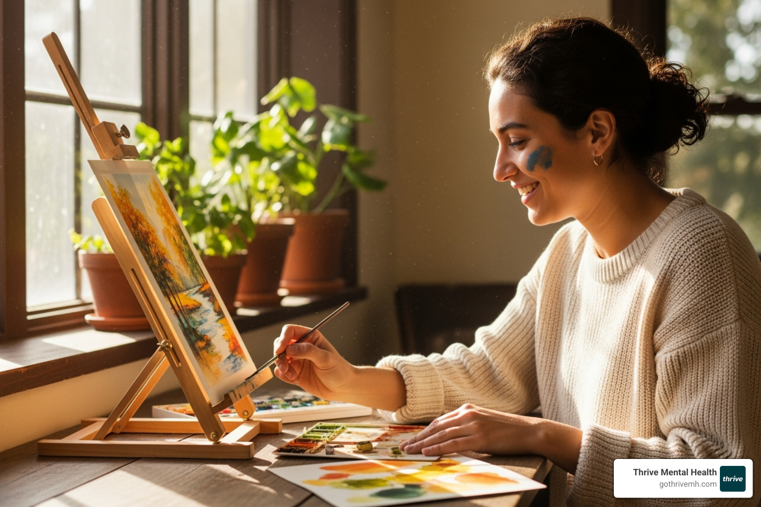 Person smiling, enjoying a hobby. Alt text: IOP for depression helps people refind joy. - IOP for depression