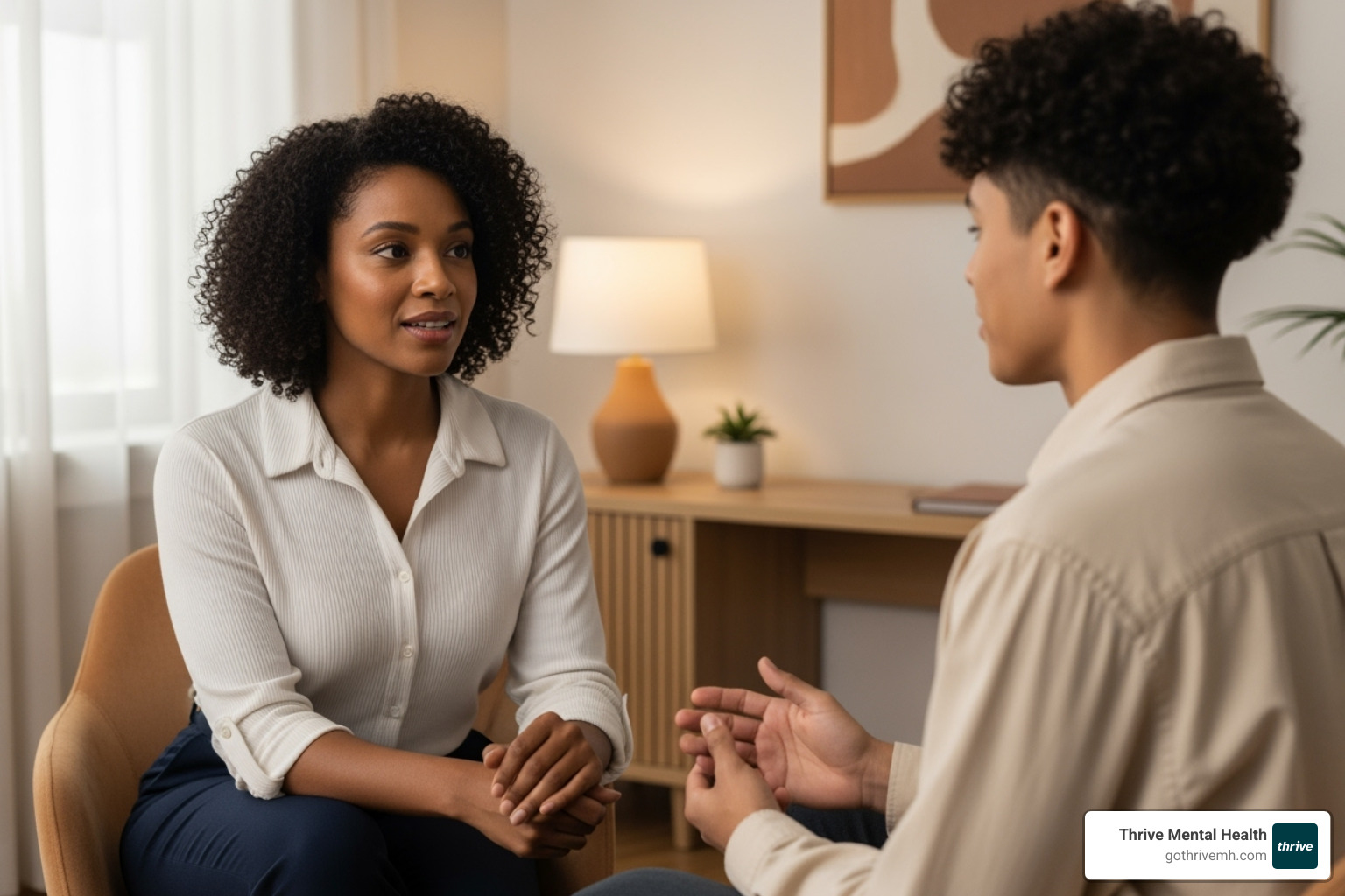 Therapist and client in one-on-one session. Alt text: Personalized IOP for depression at Thrive. - IOP for depression