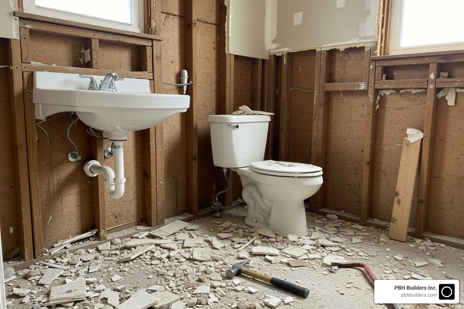 A bathroom mid-demolition showing the "before" state - bathroom remodel contractors in san diego