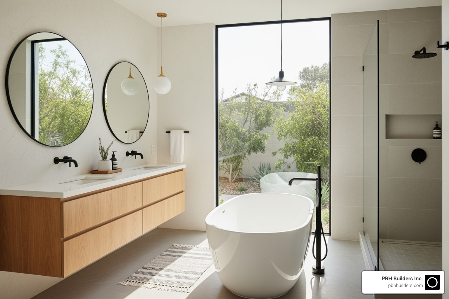 A bathroom featuring popular San Diego design trends like a freestanding tub and natural wood vanity - bathroom remodel contractors in san diego