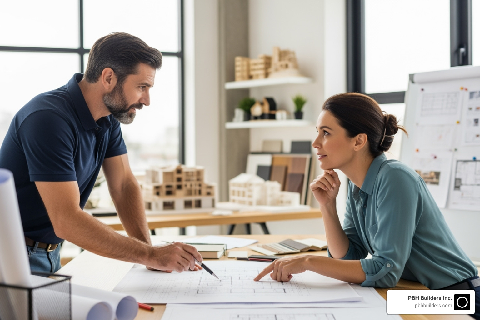 of a contractor and homeowner reviewing blueprints - san diego home improvements