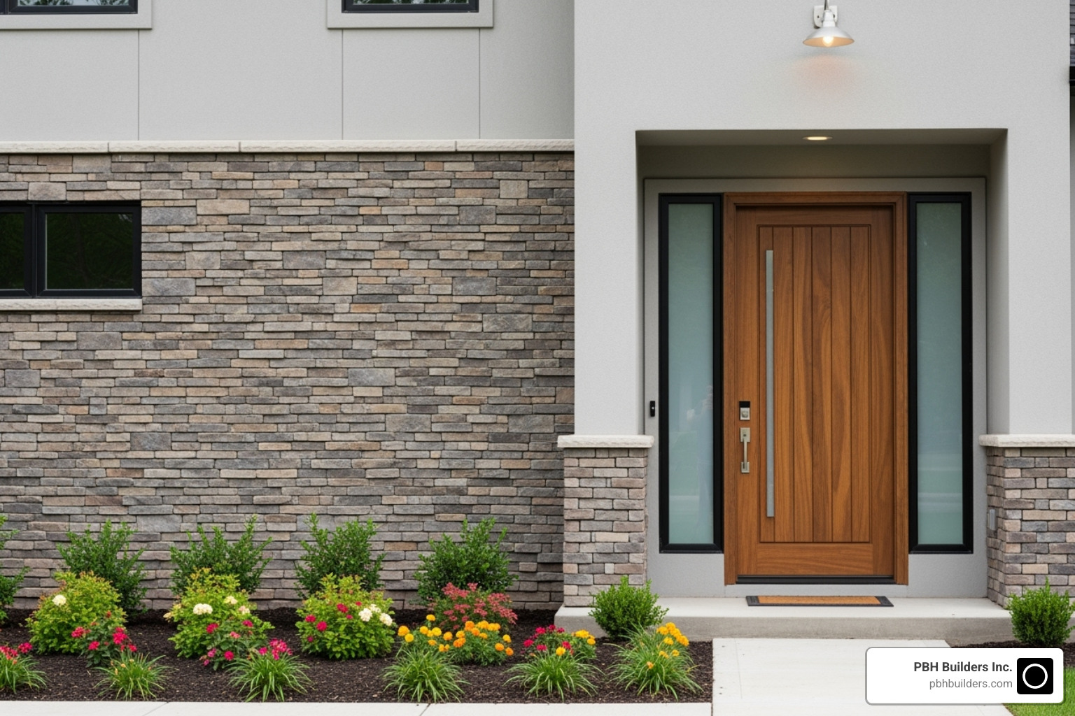 of a home with new manufactured stone veneer and a stylish entry door - san diego home improvements
