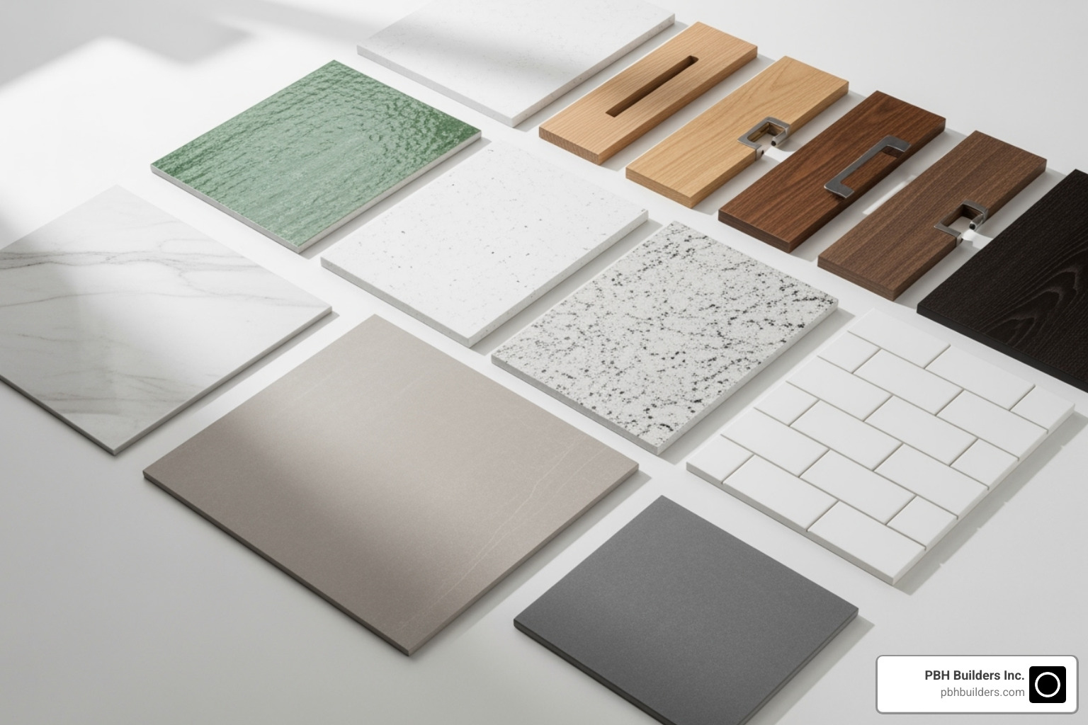 Various bathroom material samples like tile, quartz, and wood vanities - bathroom remodel contractors in san diego