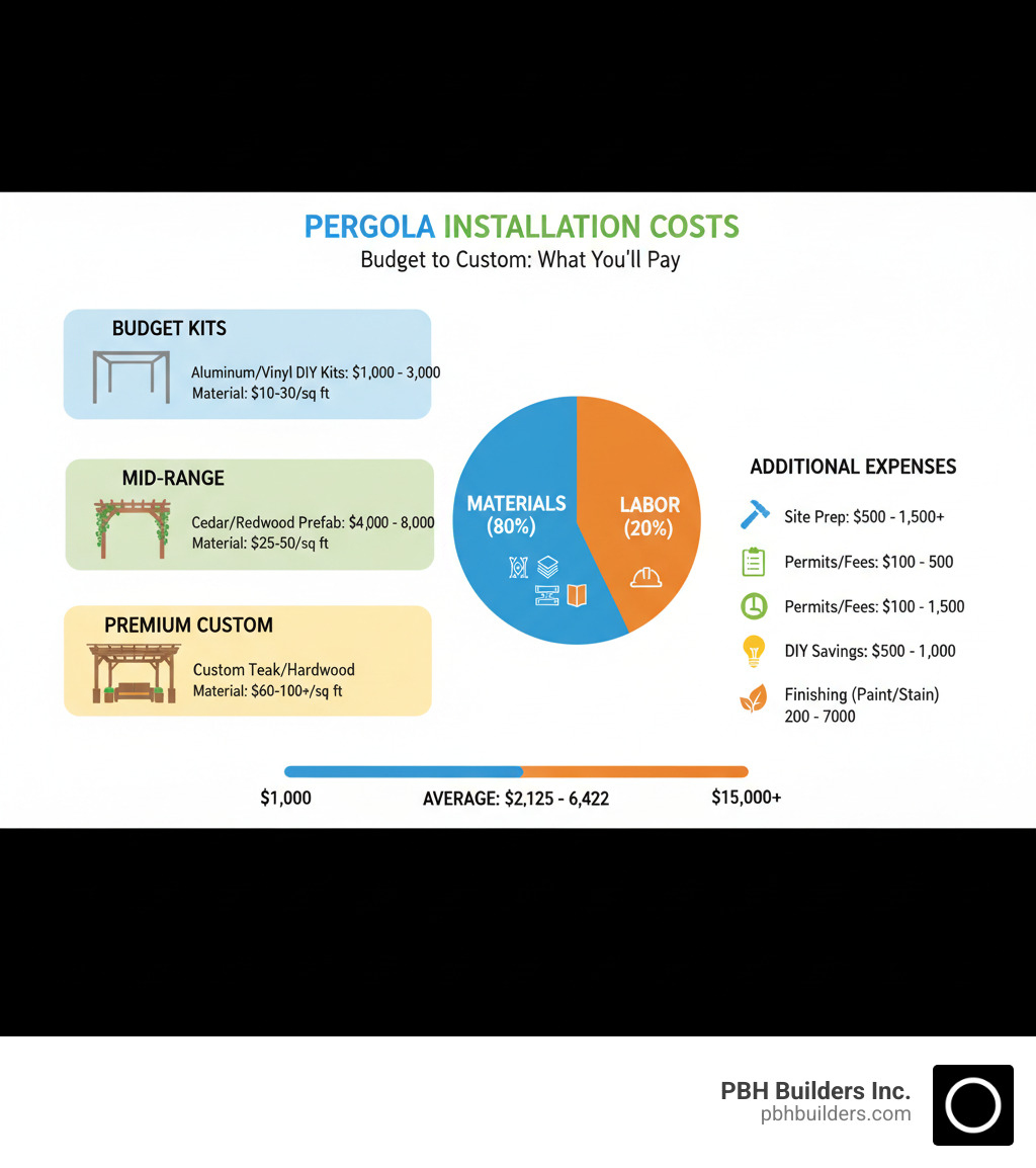 Detailed cost breakdown infographic showing pergola installation costs from $1,000 budget aluminum kits to $15,000 custom teak pergolas, including material costs per square foot, labor percentages, and additional expenses like permits and site preparation - Pergola installation cost infographic Detailed cost breakdown infographic showing pergola installation costs from $1,000 budget aluminum kits to $15,000 custom teak pergolas, including material costs per square foot, labor percentages, and additional expenses like permits and site preparation - Pergola installation cost infographic