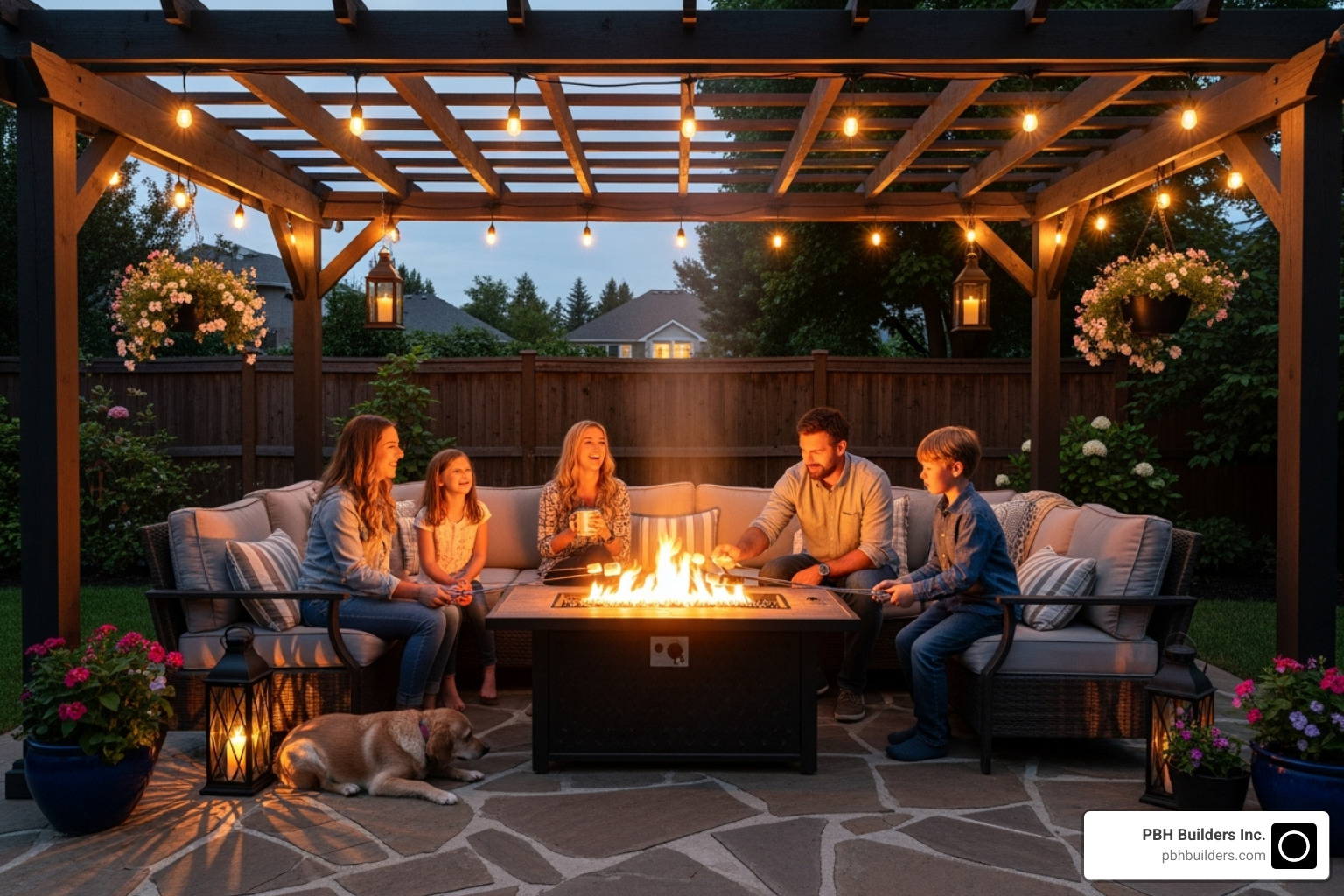 family enjoying an evening under a lit pergola - Pergola installation cost family enjoying an evening under a lit pergola - Pergola installation cost