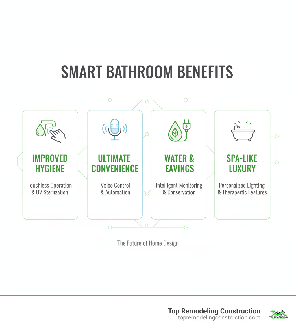 Smart bathroom benefits infographic showing four key advantages: Improved Hygiene through touchless operation and UV sterilization, Ultimate Convenience with voice control and automation, Water & Energy Savings through intelligent monitoring and conservation features, and Spa-Like Luxury with personalized lighting, temperature control, and therapeutic features - High-tech bathroom solutions infographic Smart bathroom benefits infographic showing four key advantages: Improved Hygiene through touchless operation and UV sterilization, Ultimate Convenience with voice control and automation, Water & Energy Savings through intelligent monitoring and conservation features, and Spa-Like Luxury with personalized lighting, temperature control, and therapeutic features - High-tech bathroom solutions infographic