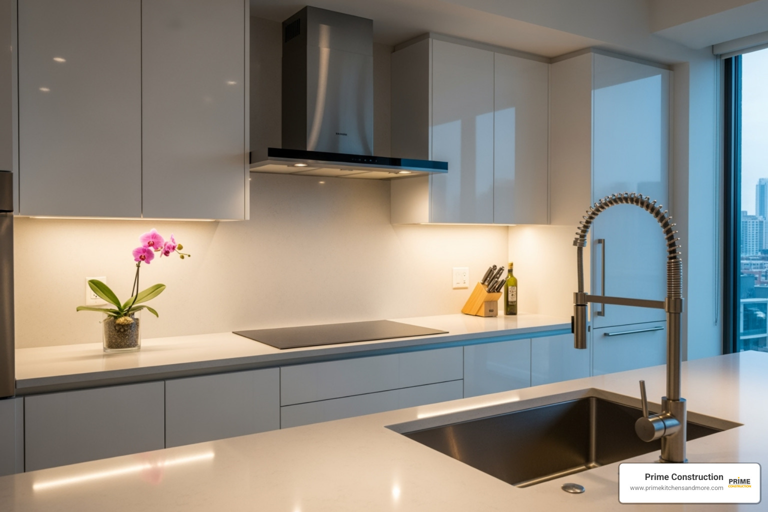 kitchen with under-cabinet lighting highlighting a clean countertop - small kitchen 8 by 10 kitchen layout