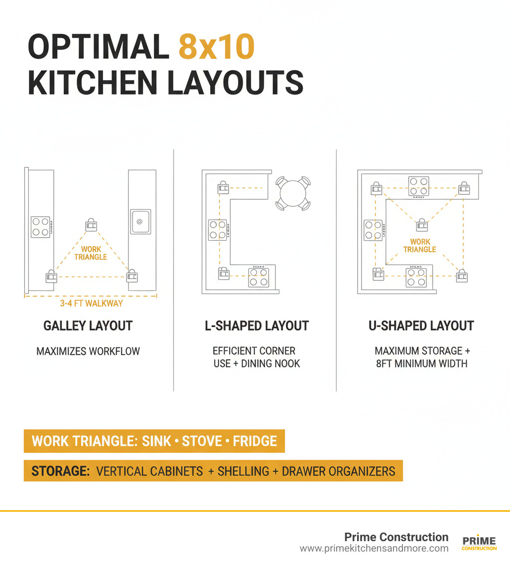 Infographic showing optimal 8x10 kitchen layouts with galley, L-shaped, and U-shaped configurations, including measurements for walkways, work triangle placement between sink-stove-refrigerator, and storage maximization strategies - small kitchen 8 by 10 kitchen layout infographic 