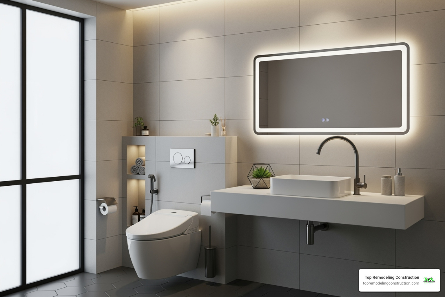 Smart toilet and touchless faucet in a stylish bathroom - High-tech bathroom solutions Smart toilet and touchless faucet in a stylish bathroom - High-tech bathroom solutions