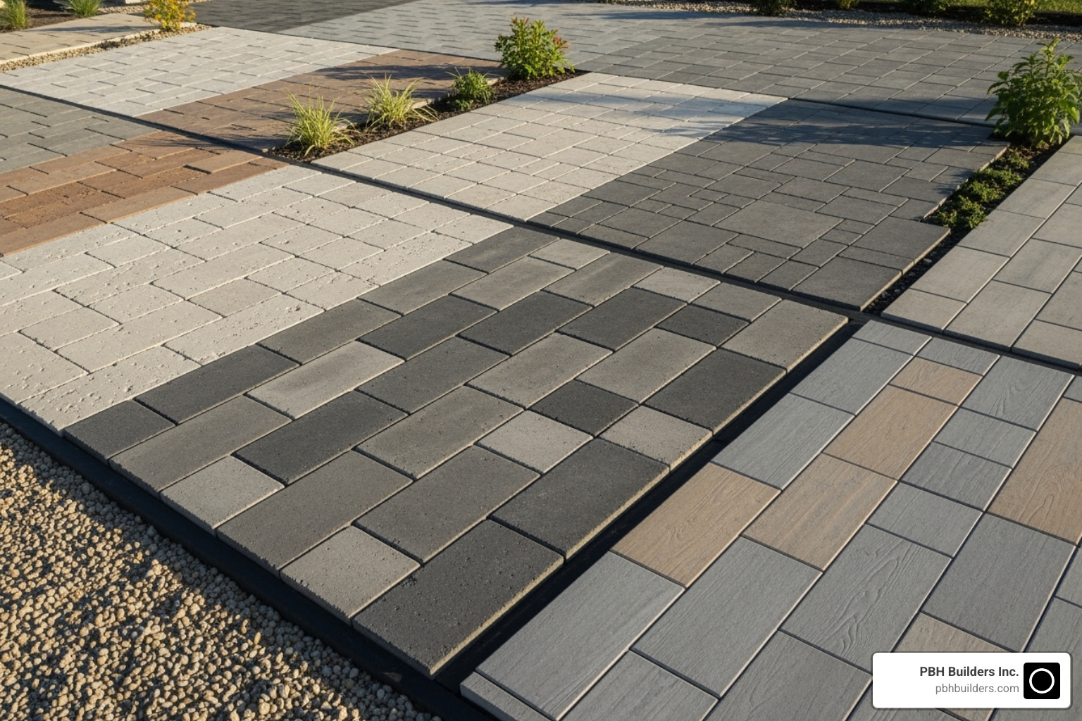 A variety of paver materials including travertine, concrete, and porcelain in different colors and textures - san diego paver installers