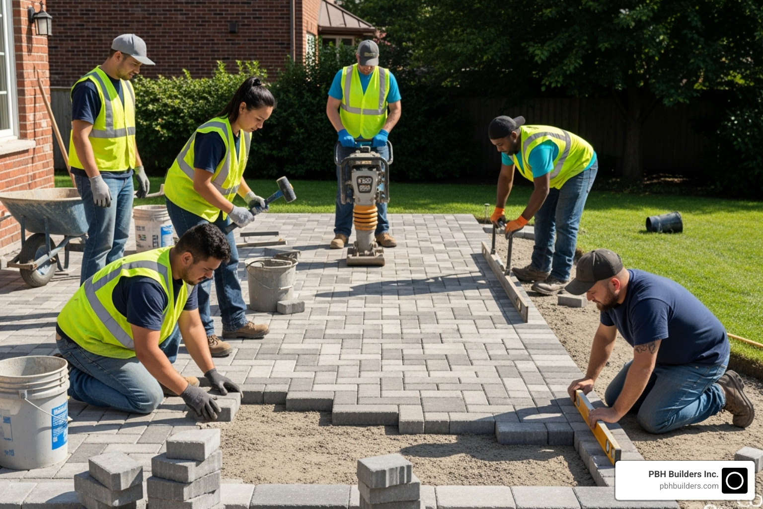 A professional crew carefully installing pavers, ensuring proper alignment and compaction - san diego paver installers