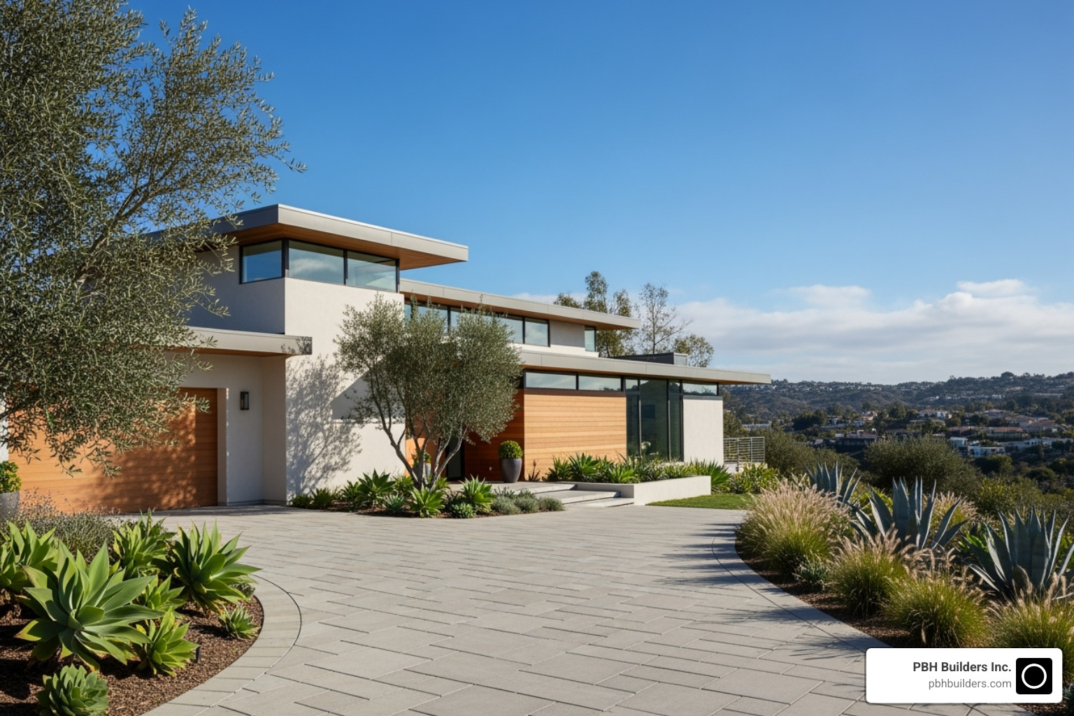 A beautiful paver driveway leading to a modern San Diego home - san diego paver installers