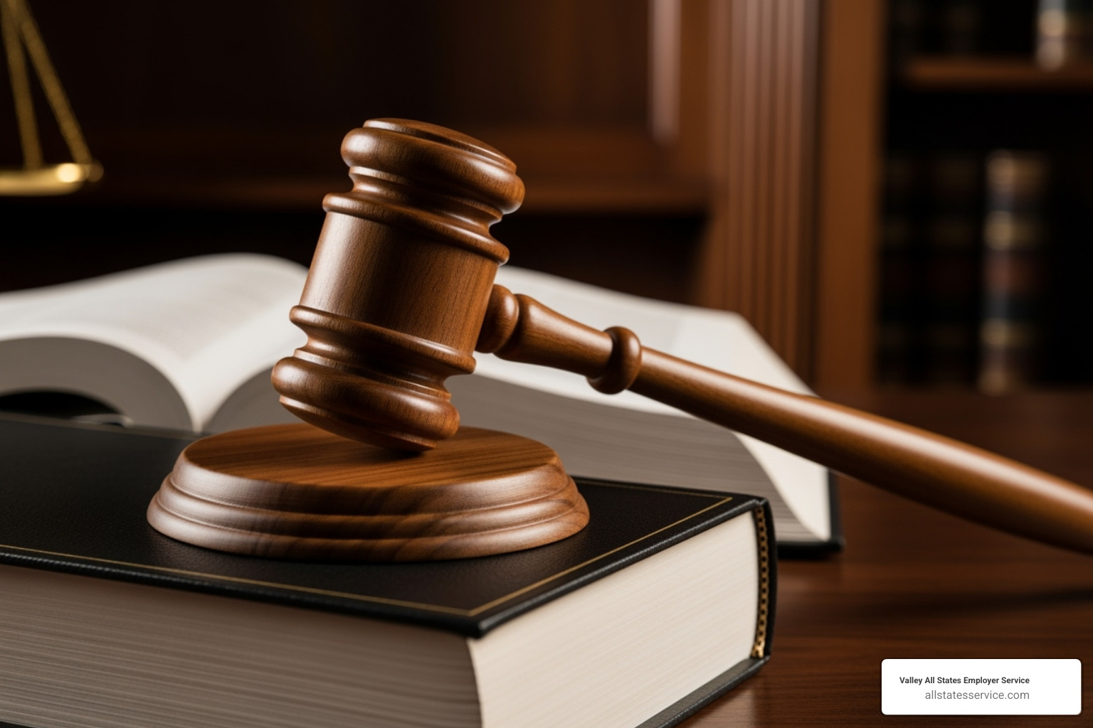 gavel and a law book titled "Employment Law" - New hire verification gavel and a law book titled "Employment Law" - New hire verification