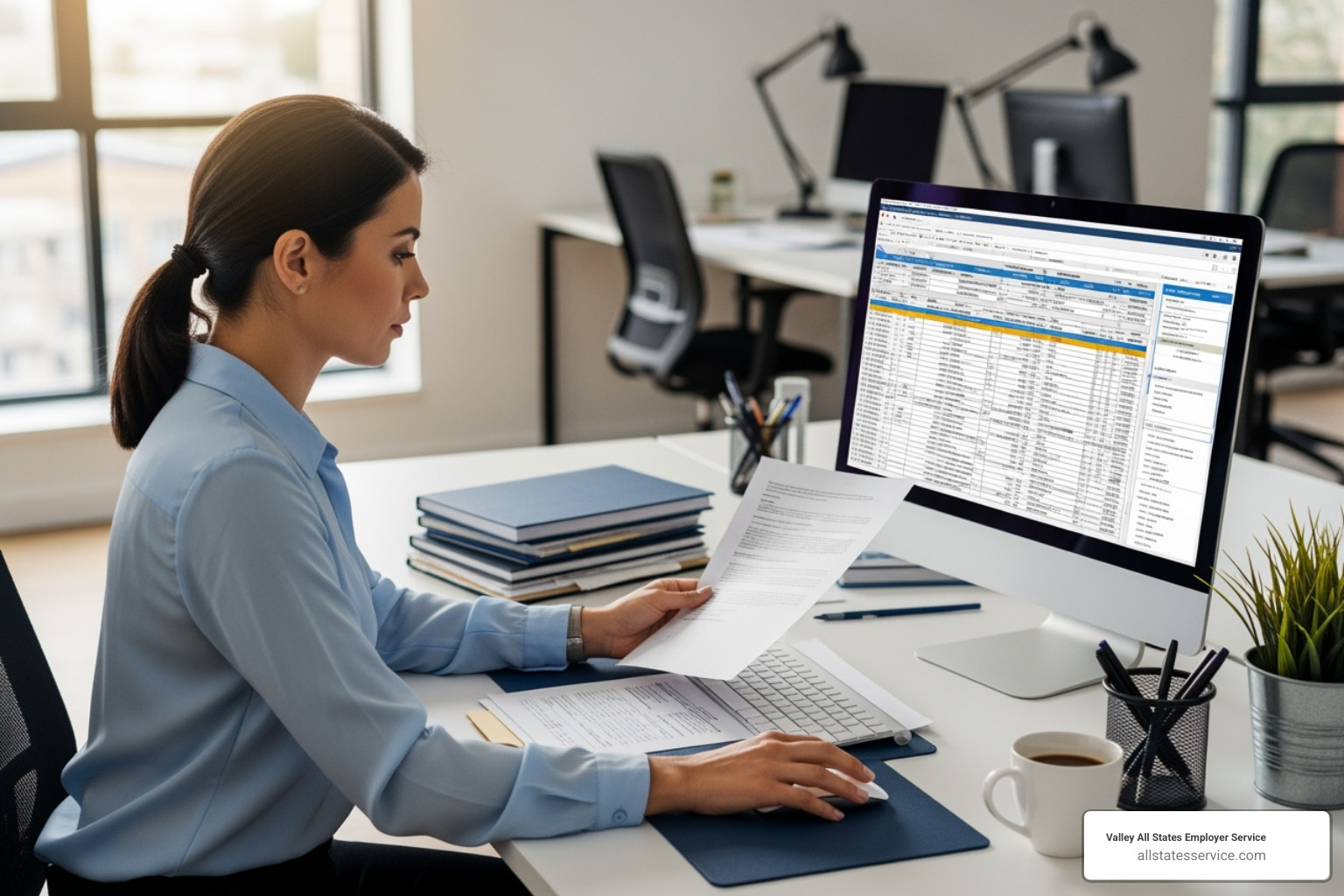HR manager reviewing documents on a computer screen - New hire verification HR manager reviewing documents on a computer screen - New hire verification
