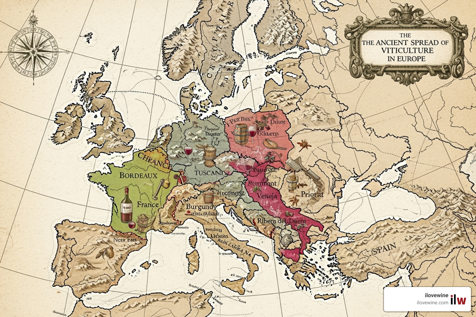 A historical map showing the spread of viticulture across Europe, with regions like France, Italy, and Spain prominently marked as ancient wine-producing areas - Old World wines A historical map showing the spread of viticulture across Europe, with regions like France, Italy, and Spain prominently marked as ancient wine-producing areas - Old World wines