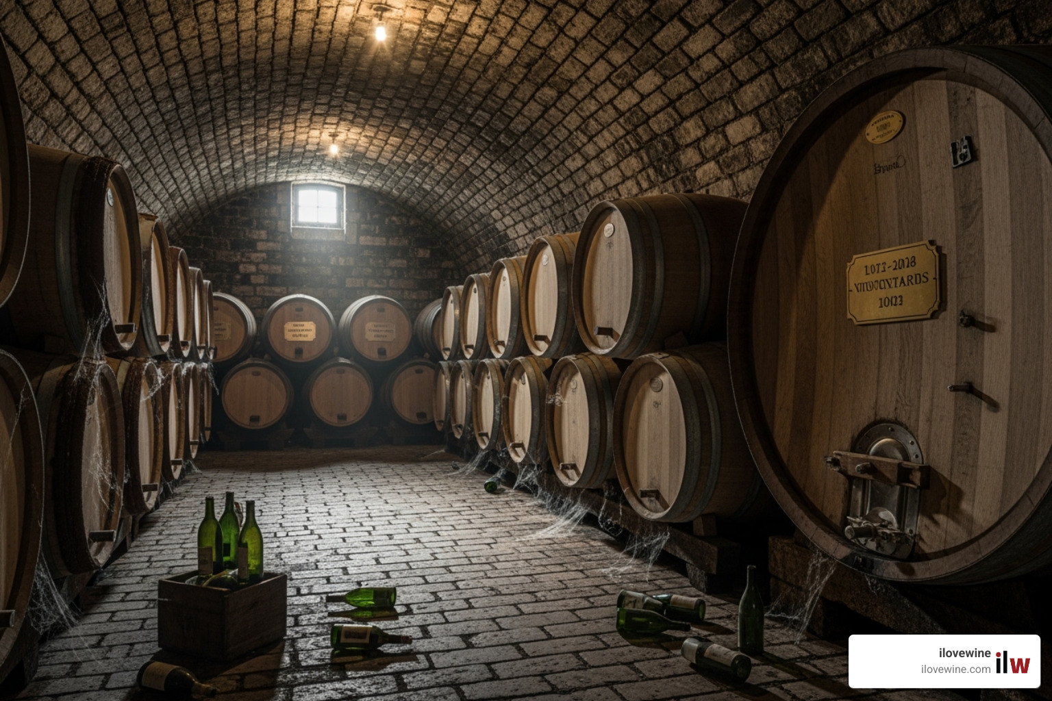 A dimly lit, traditional wine cellar filled with rows of large, neutral oak barrels, suggesting centuries of aging and craftsmanship - Old World wines A dimly lit, traditional wine cellar filled with rows of large, neutral oak barrels, suggesting centuries of aging and craftsmanship - Old World wines