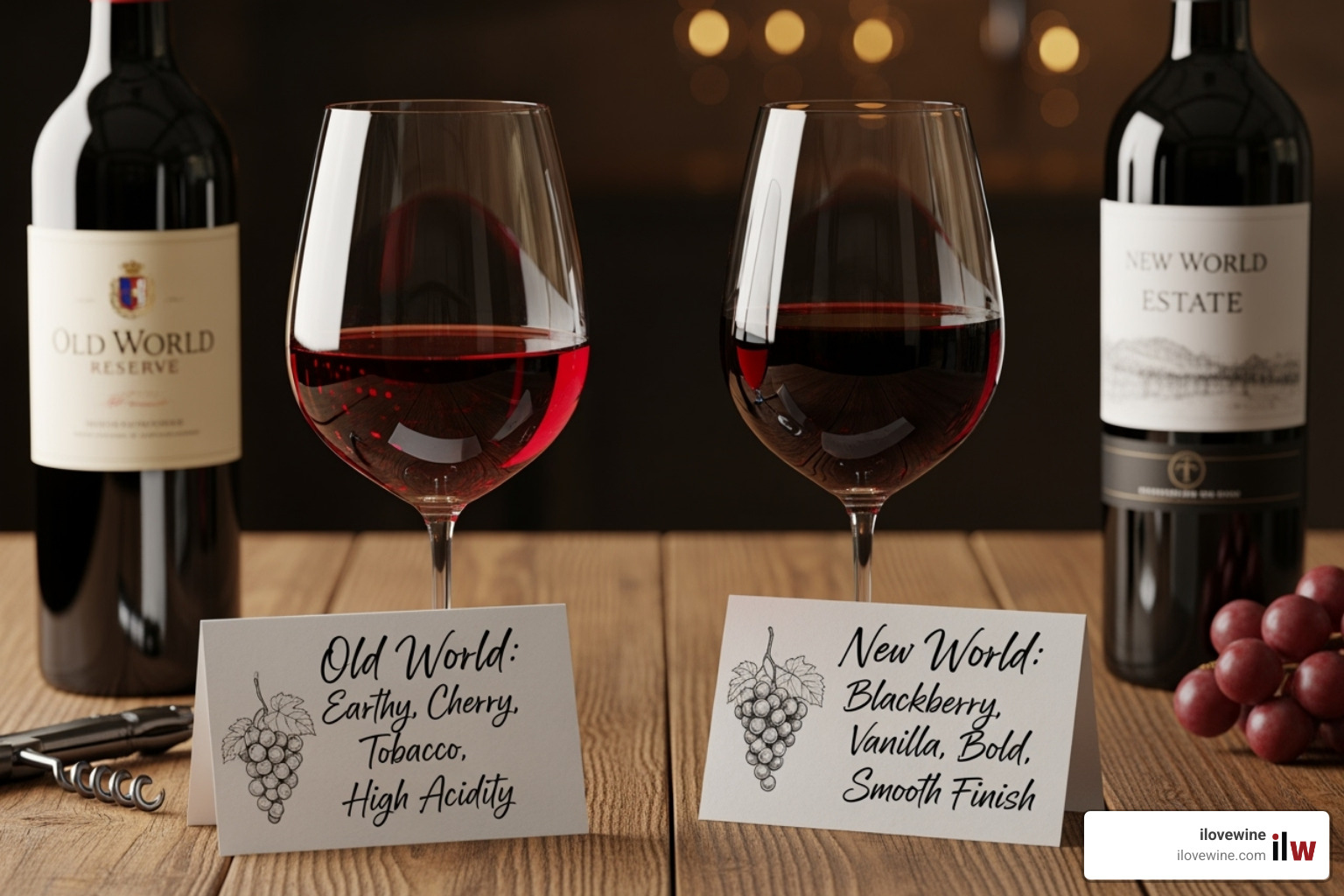 A side-by-side tasting setup featuring two glasses of red wine, one from an Old World region and one from a New World region, with tasting notes beside them - Old World wines A side-by-side tasting setup featuring two glasses of red wine, one from an Old World region and one from a New World region, with tasting notes beside them - Old World wines