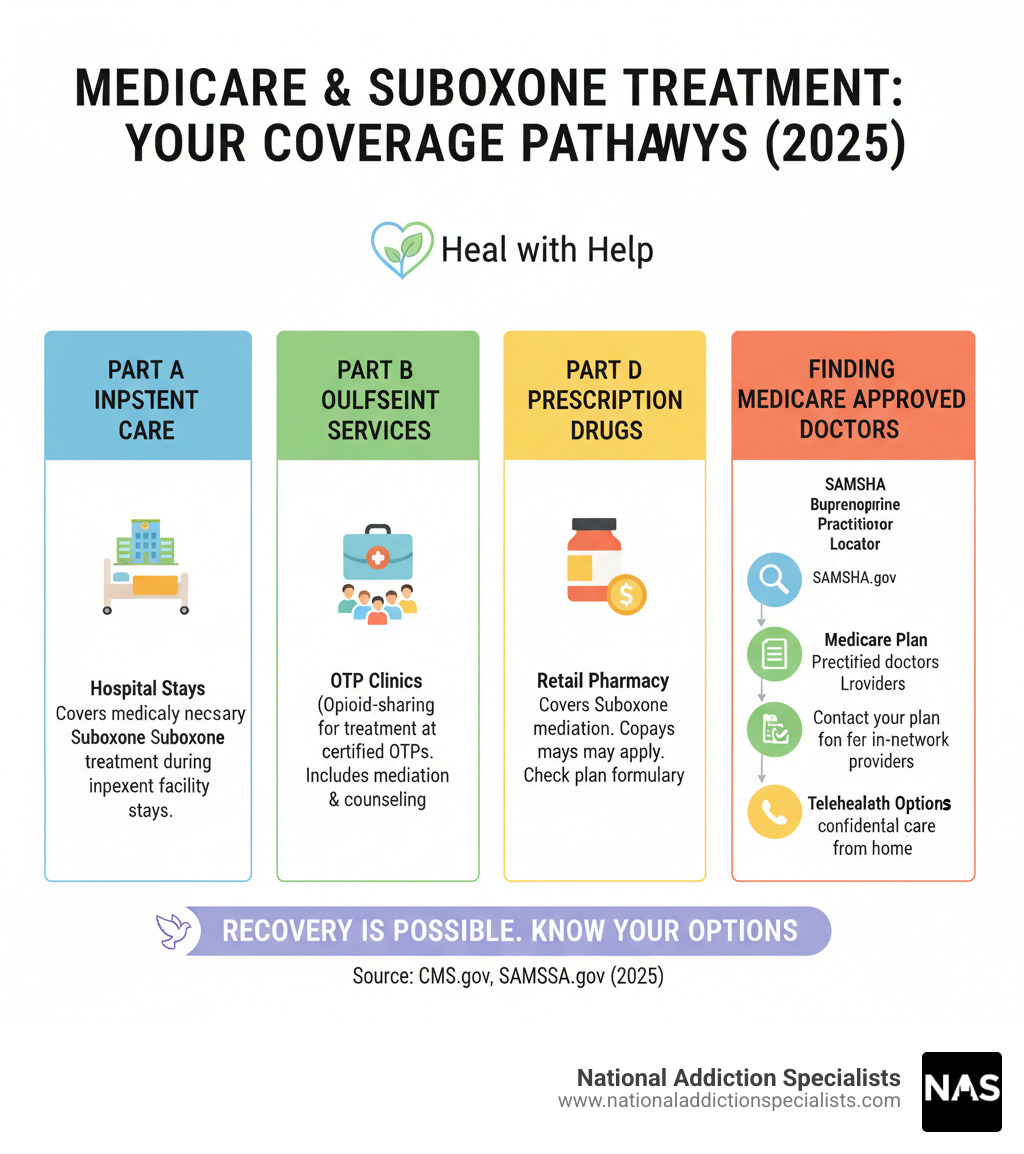 Comprehensive infographic showing Medicare coverage pathways for Suboxone treatment, including Part A inpatient coverage, Part B outpatient coverage at OTPs, Part D prescription coverage, and step-by-step process for finding Medicare-approved Suboxone doctors through SAMHSA locator and plan directories - Suboxone doctors Medicare infographic 