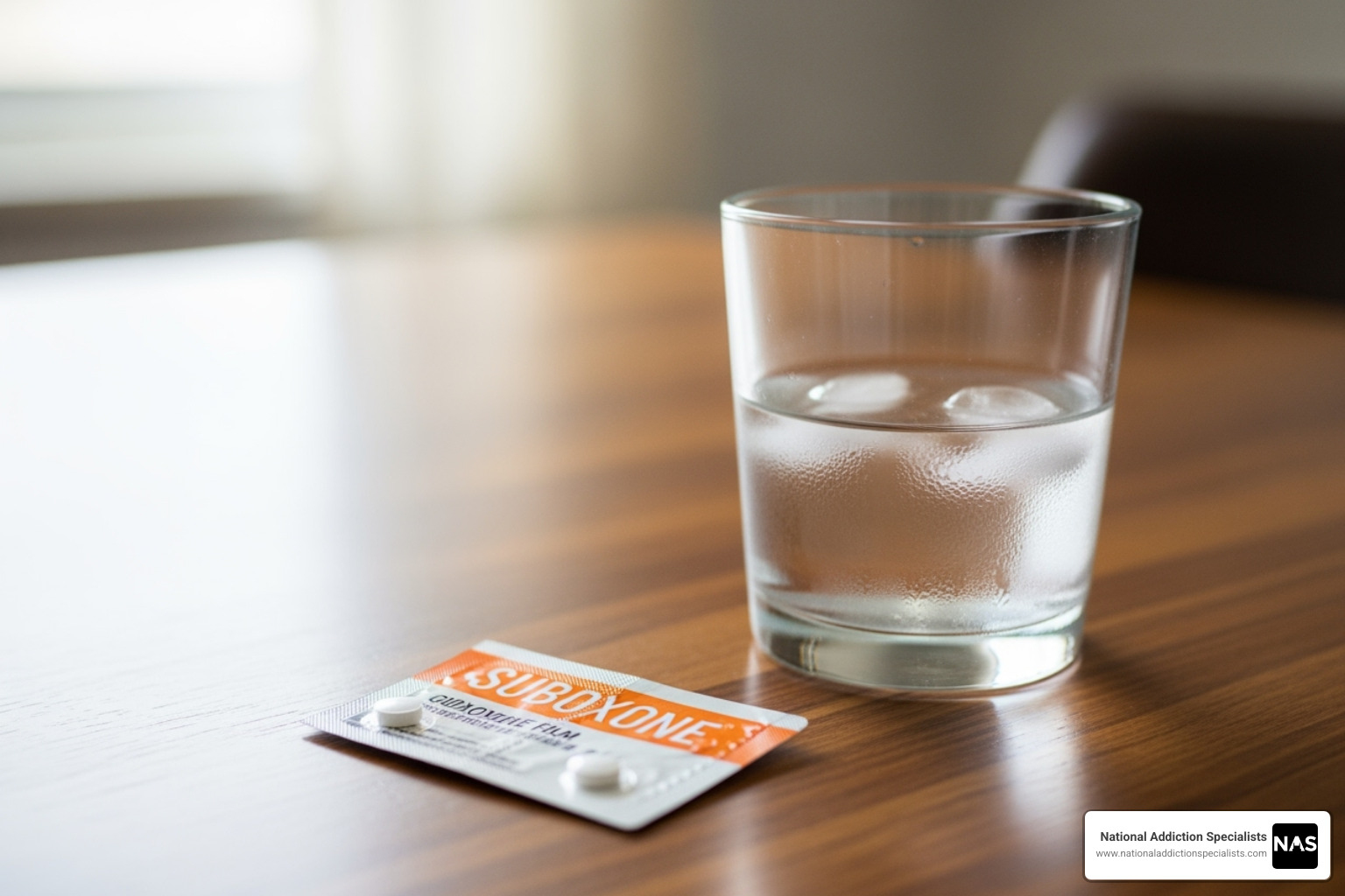 Suboxone film package next to a glass of water - Suboxone doctors Medicare