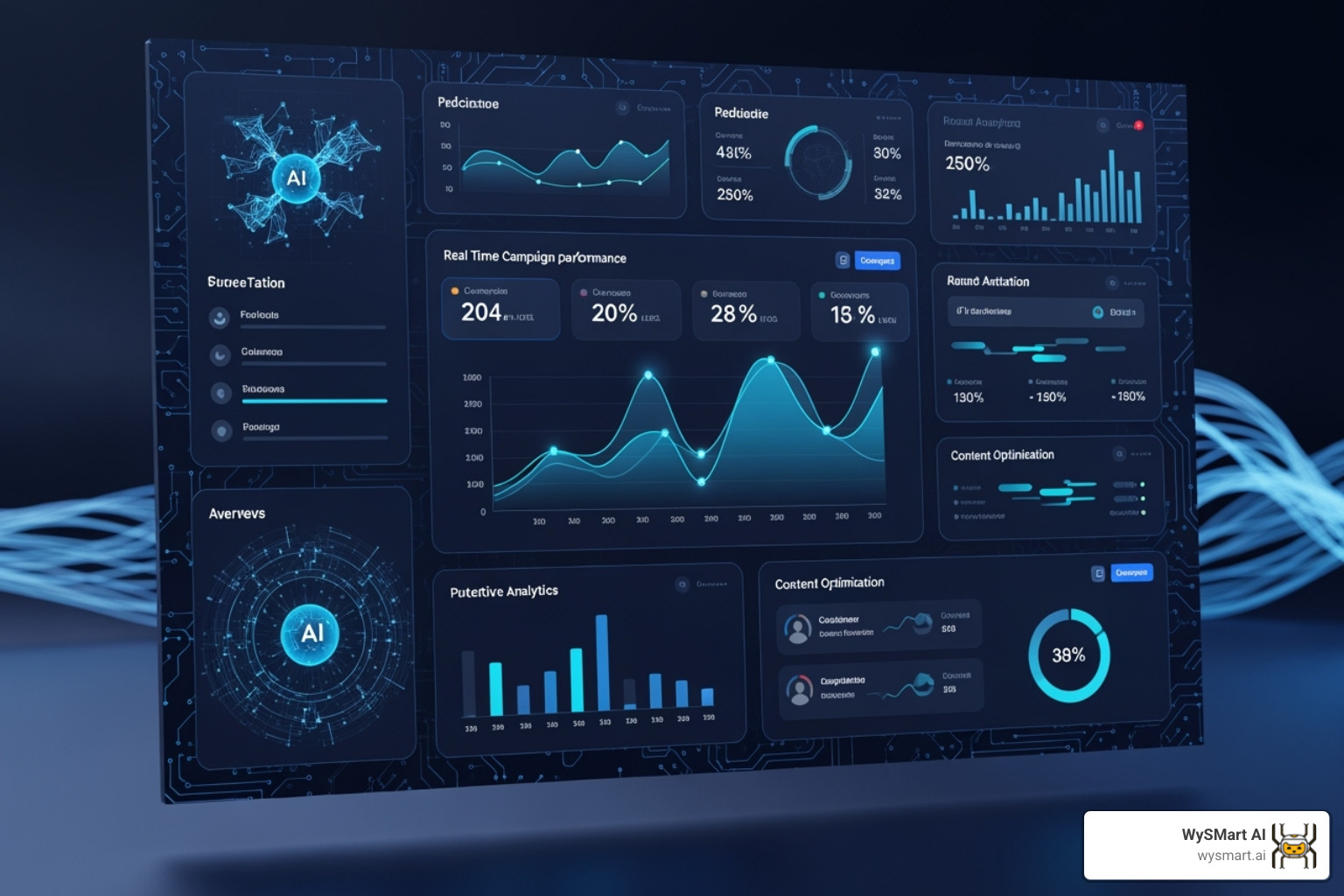A clean, modern marketing platform dashboard with glowing lines and circuit motifs, highlighting key AI features like "Predictive Audience," "AI Content Generator," "Automated Journey Builder," and "Dynamic Segmentation." - ai email & sms campaigns A clean, modern marketing platform dashboard with glowing lines and circuit motifs, highlighting key AI features like "Predictive Audience," "AI Content Generator," "Automated Journey Builder," and "Dynamic Segmentation." - ai email & sms campaigns