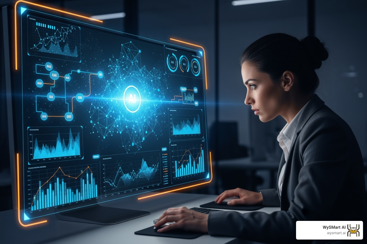 A marketing strategist, looking professional and focused, analyzing campaign data on a large, sleek screen with AI-inspired glowing data visualizations and graphs. - ai email & sms campaigns A marketing strategist, looking professional and focused, analyzing campaign data on a large, sleek screen with AI-inspired glowing data visualizations and graphs. - ai email & sms campaigns