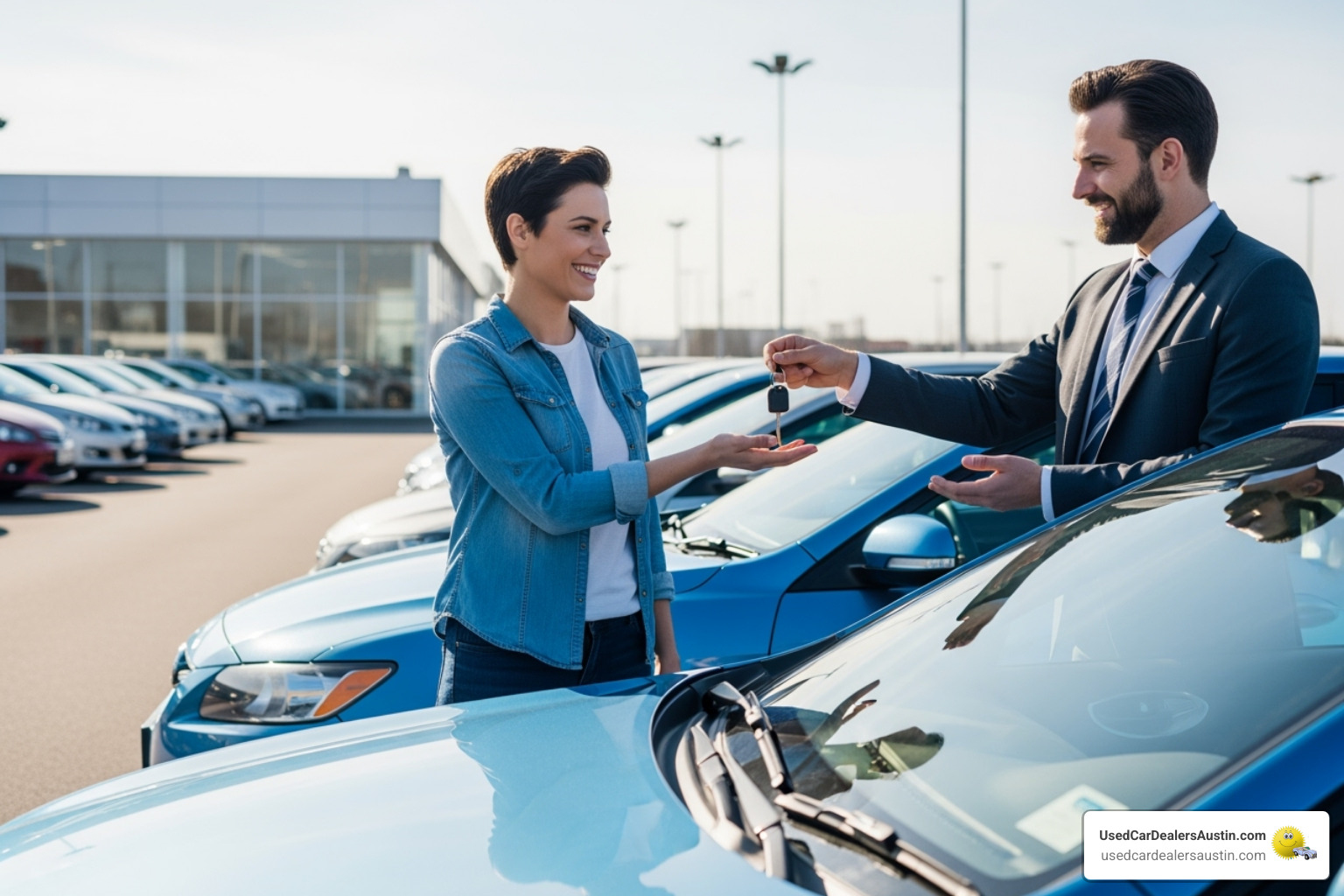happy person receiving keys to a used car - bad credit auto dealers