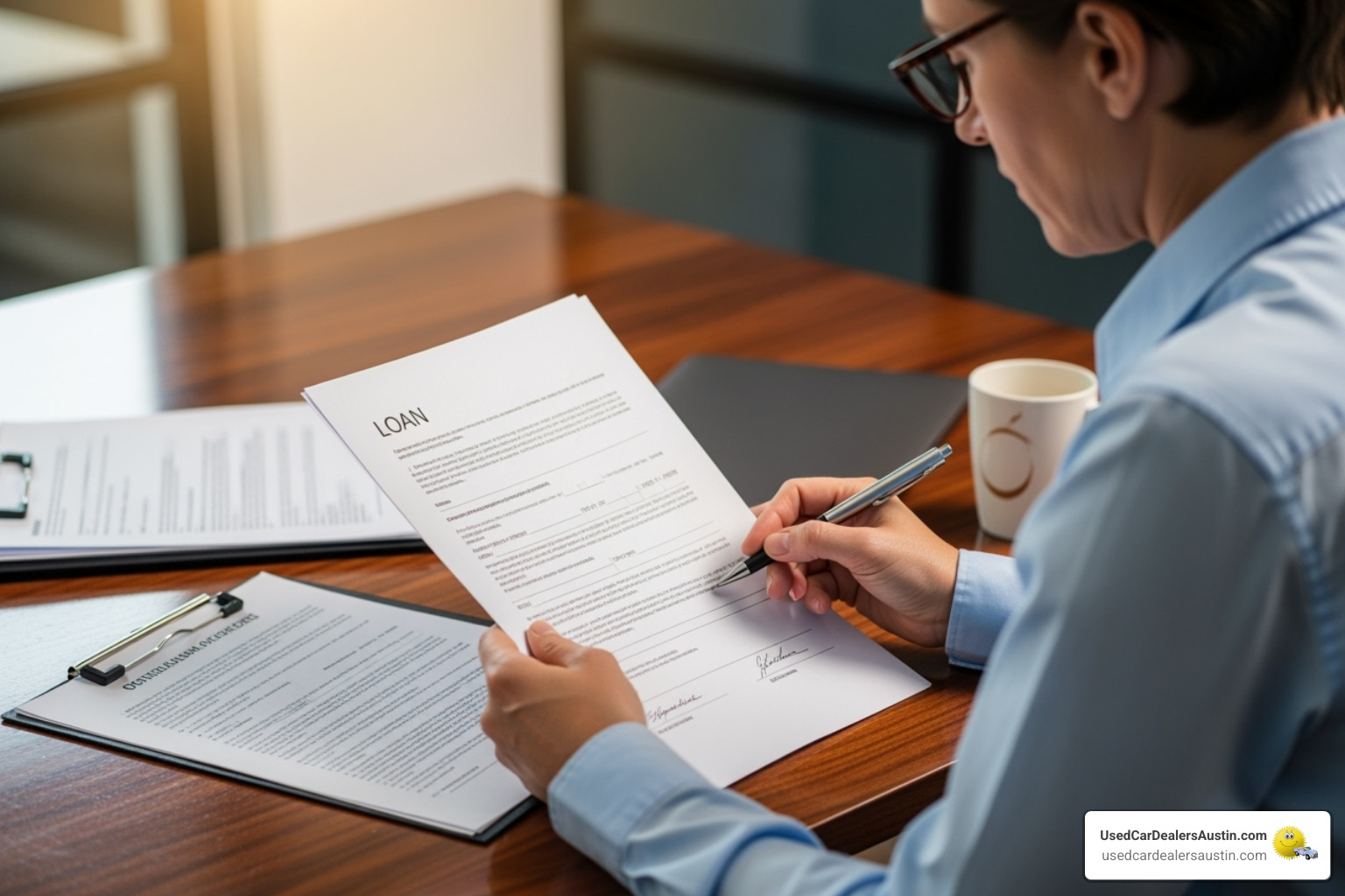 person carefully reading a loan document before signing - bad credit auto dealers