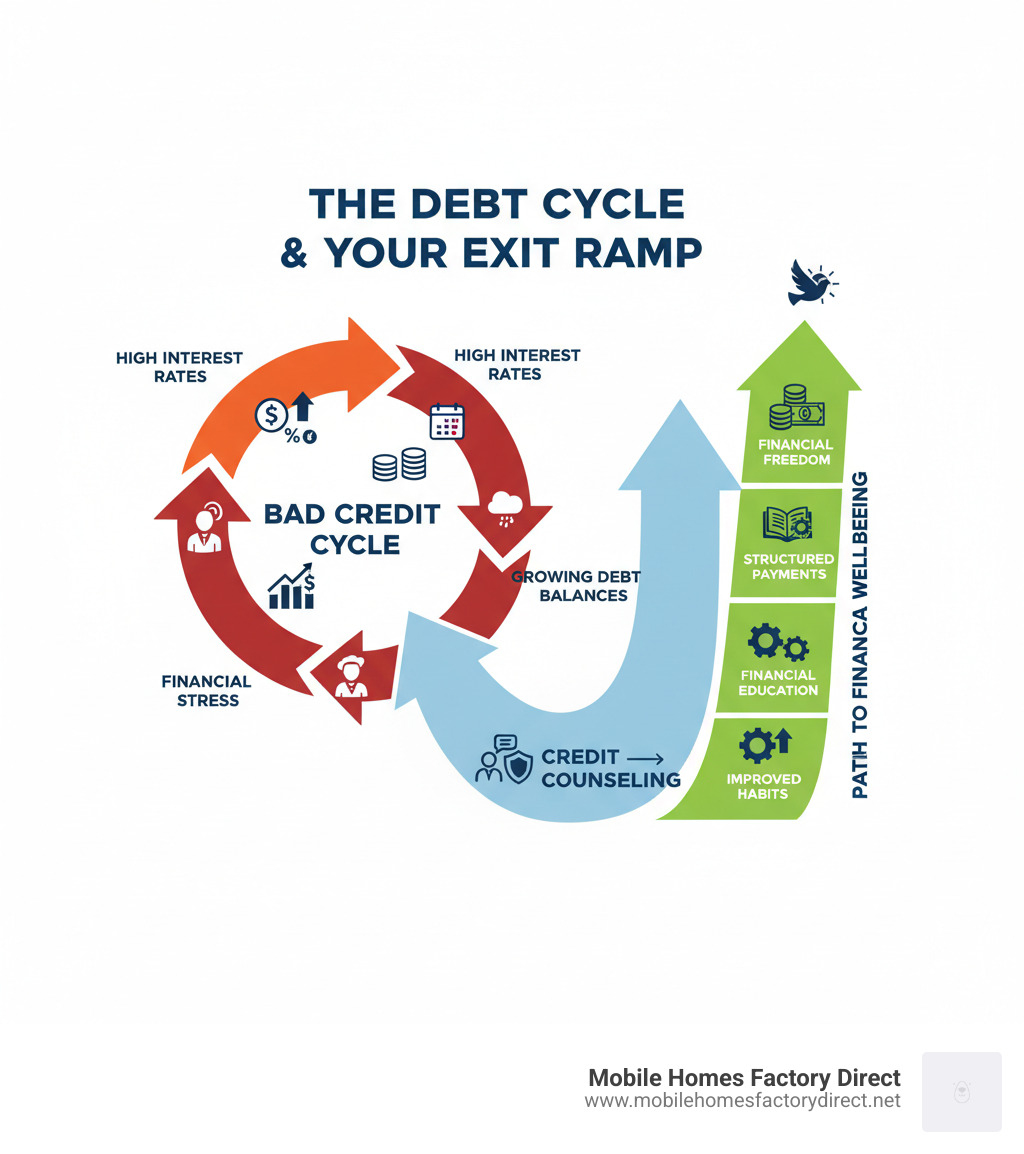 Infographic showing the cycle of bad credit including high interest rates, minimum payments, growing debt balances, and financial stress, with credit counseling as an exit ramp leading to structured payments, financial education, improved habits, and eventual financial freedom - Credit counseling bad credit infographic  Infographic showing the cycle of bad credit including high interest rates, minimum payments, growing debt balances, and financial stress, with credit counseling as an exit ramp leading to structured payments, financial education, improved habits, and eventual financial freedom - Credit counseling bad credit infographic