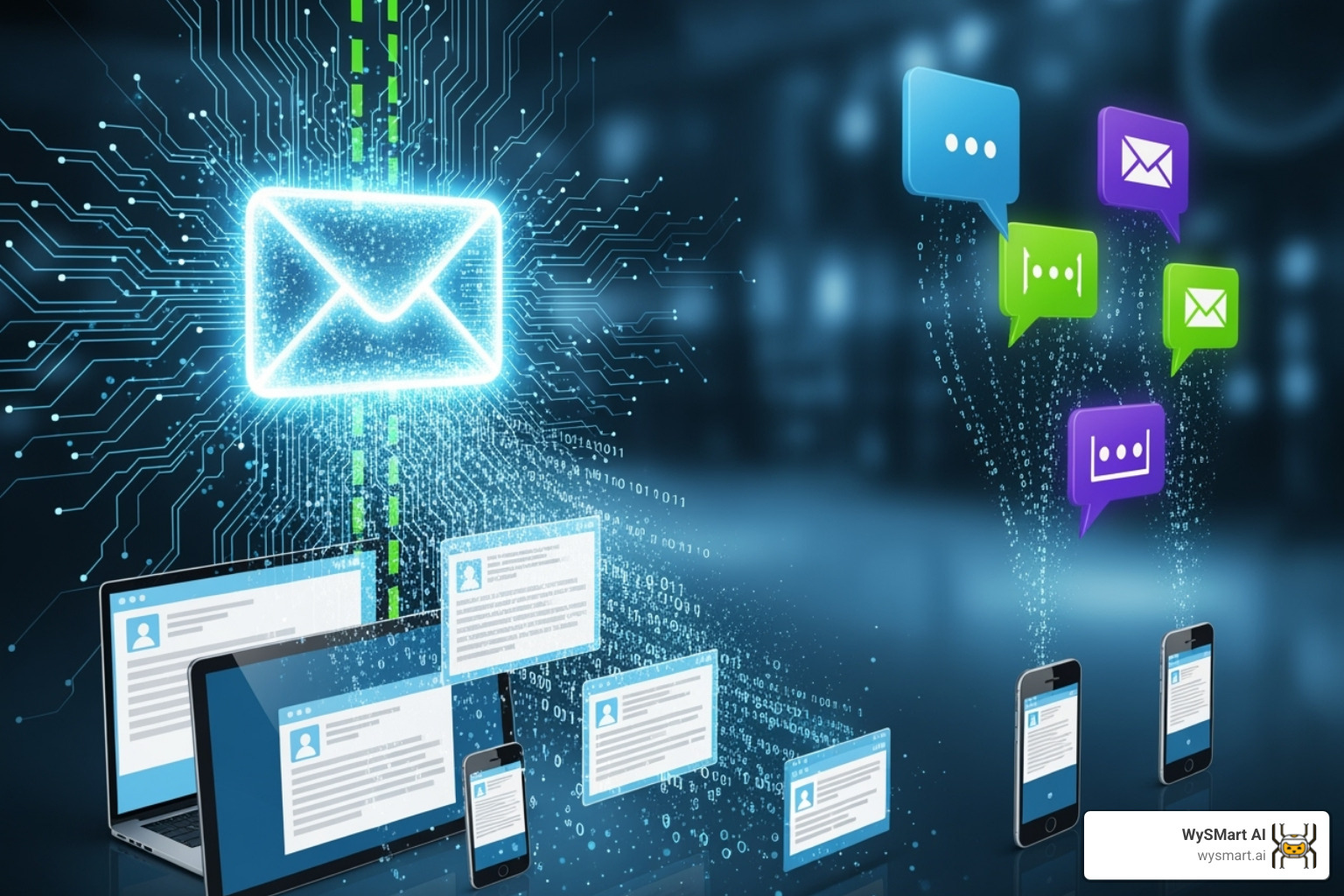 Different devices (tablet, phone, desktop) showing various marketing campaign types like e-commerce sales, local service promotions, and B2B alerts, all with a subtle AI overlay of glowing lines and data visualizations. - ai email & sms campaigns Different devices (tablet, phone, desktop) showing various marketing campaign types like e-commerce sales, local service promotions, and B2B alerts, all with a subtle AI overlay of glowing lines and data visualizations. - ai email & sms campaigns