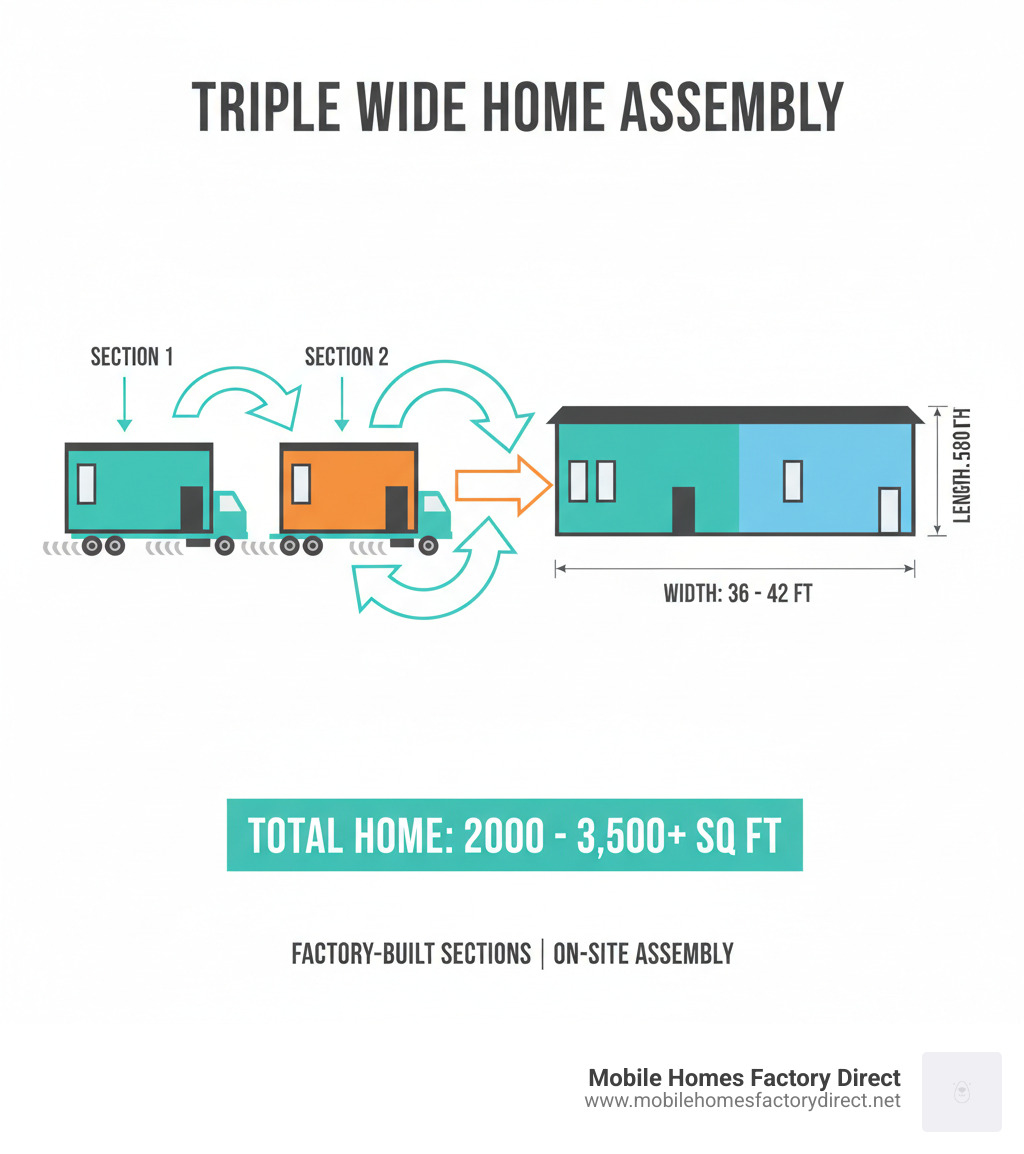 Infographic showing three factory-built sections being transported and assembled on-site, with arrows indicating how the sections connect to form one large home with dimensions and square footage callouts - triple wide mobile home plans infographic  Infographic showing three factory-built sections being transported and assembled on-site, with arrows indicating how the sections connect to form one large home with dimensions and square footage callouts - triple wide mobile home plans infographic
