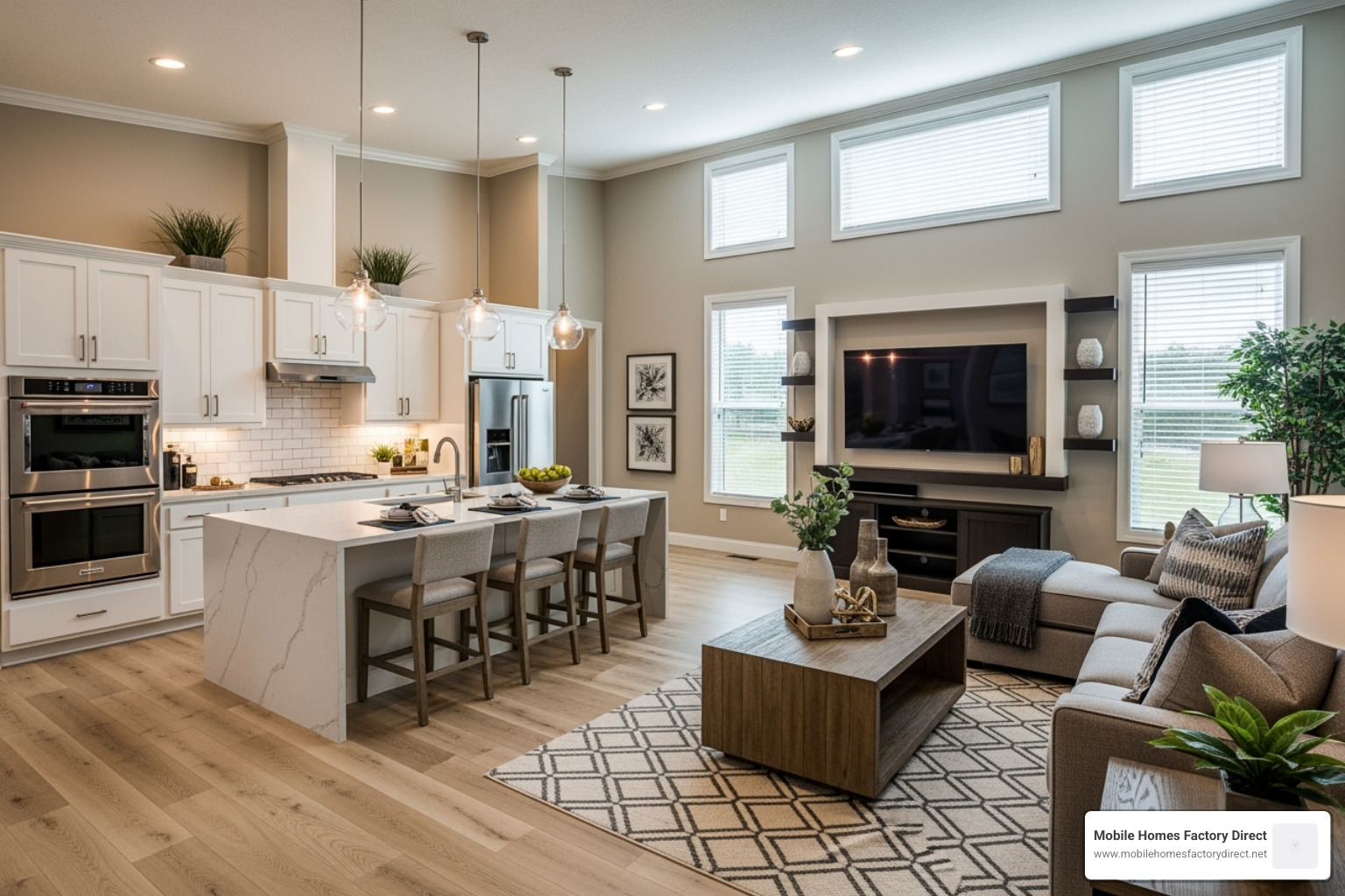stylish open-concept interior of a triple wide home showing a large kitchen and living area - triple wide mobile home plans stylish open-concept interior of a triple wide home showing a large kitchen and living area - triple wide mobile home plans