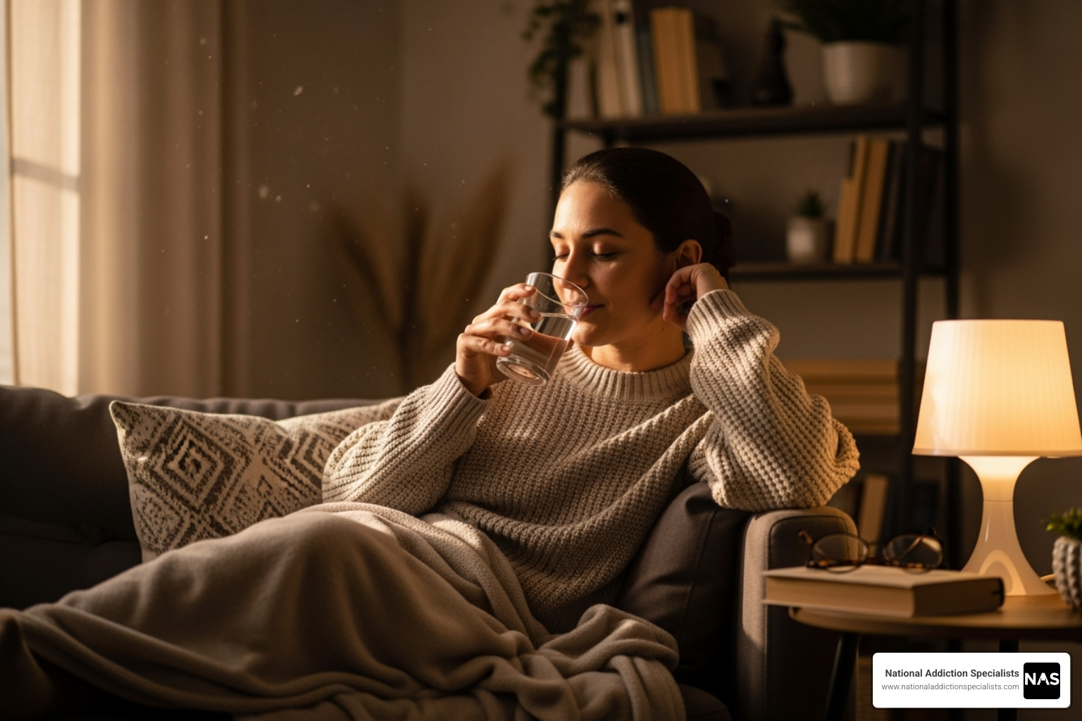 person drinking water and resting in a comfortable setting - At home opioid treatment