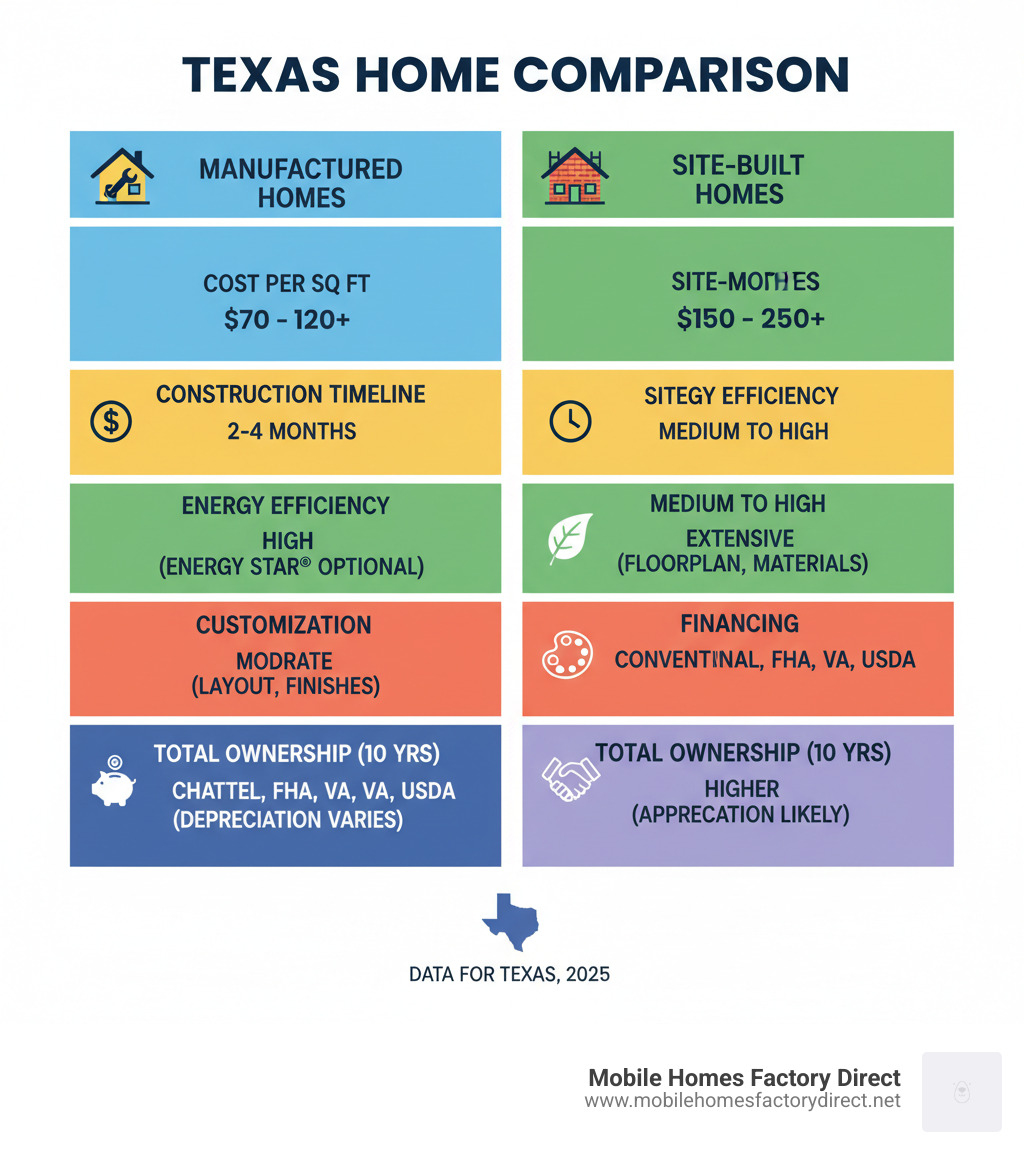 Comprehensive comparison chart showing manufactured homes vs site-built homes in Texas, including cost per square foot, construction timeline, energy efficiency ratings, customization options, financing requirements, and total ownership costs over 10 years - new manufactured homes Texas infographic  Comprehensive comparison chart showing manufactured homes vs site-built homes in Texas, including cost per square foot, construction timeline, energy efficiency ratings, customization options, financing requirements, and total ownership costs over 10 years - new manufactured homes Texas infographic