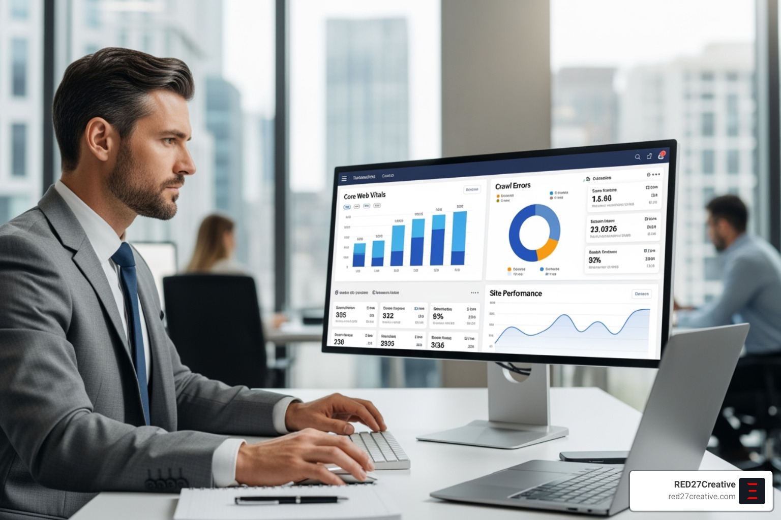 A consultant analyzing a dashboard showing a technical SEO audit with metrics like Core Web Vitals and crawl errors - chicago technical seo consultant A consultant analyzing a dashboard showing a technical SEO audit with metrics like Core Web Vitals and crawl errors - chicago technical seo consultant