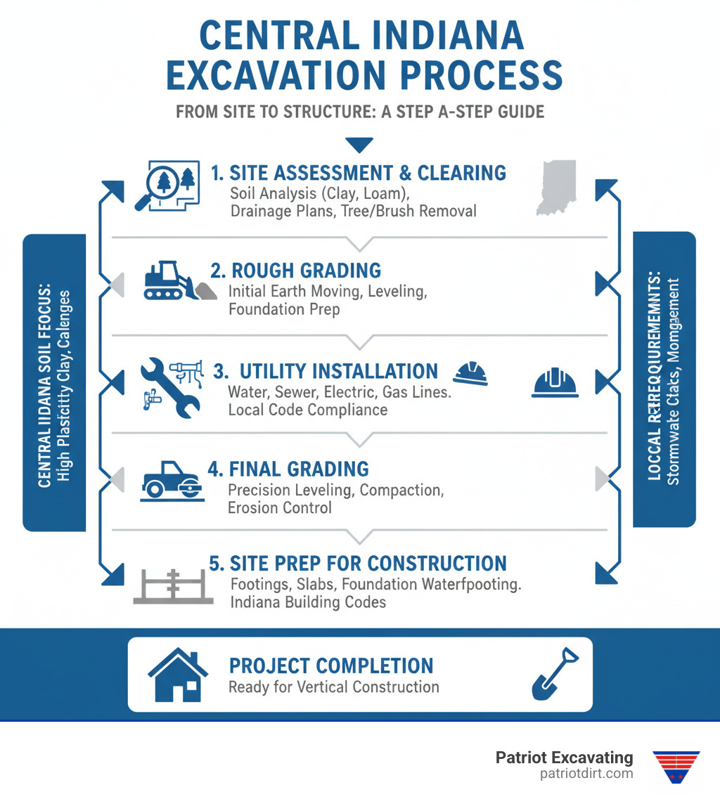 Comprehensive infographic showing the complete excavation process from initial site assessment and land clearing through rough grading, utility installation, final grading, and site preparation for construction, with specific emphasis on Central Indiana soil conditions and local building requirements - dirt excavation companies near me infographic Comprehensive infographic showing the complete excavation process from initial site assessment and land clearing through rough grading, utility installation, final grading, and site preparation for construction, with specific emphasis on Central Indiana soil conditions and local building requirements - dirt excavation companies near me infographic