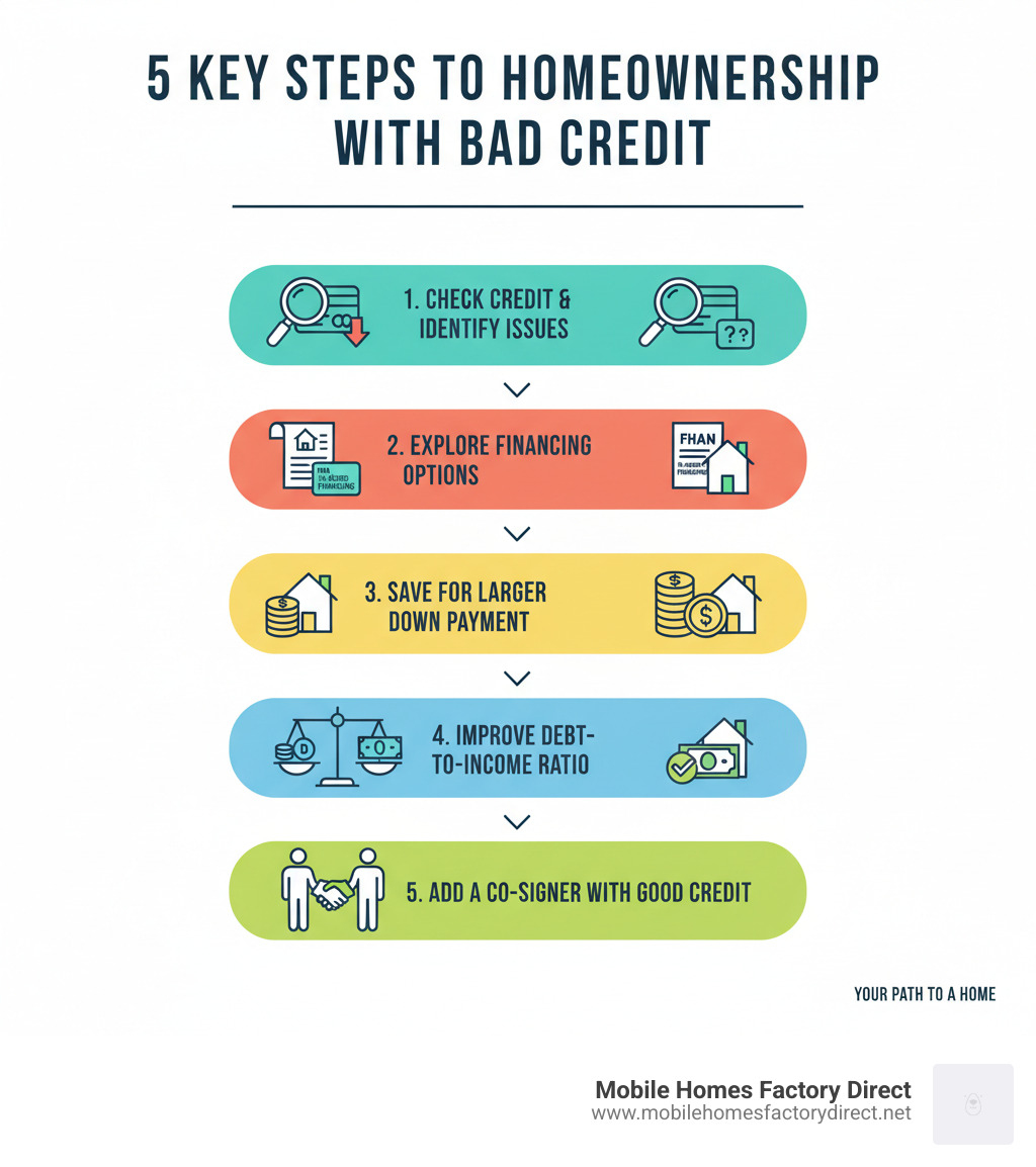 Infographic showing 5 key steps to buying a home with bad credit: 1) Check your credit score and identify issues, 2) Explore financing options like FHA loans and in-house financing, 3) Save for a larger down payment to reduce lender risk, 4) Calculate and improve your debt-to-income ratio, 5) Consider adding a co-signer with good credit - Homes with bad credit infographic  Infographic showing 5 key steps to buying a home with bad credit: 1) Check your credit score and identify issues, 2) Explore financing options like FHA loans and in-house financing, 3) Save for a larger down payment to reduce lender risk, 4) Calculate and improve your debt-to-income ratio, 5) Consider adding a co-signer with good credit - Homes with bad credit infographic