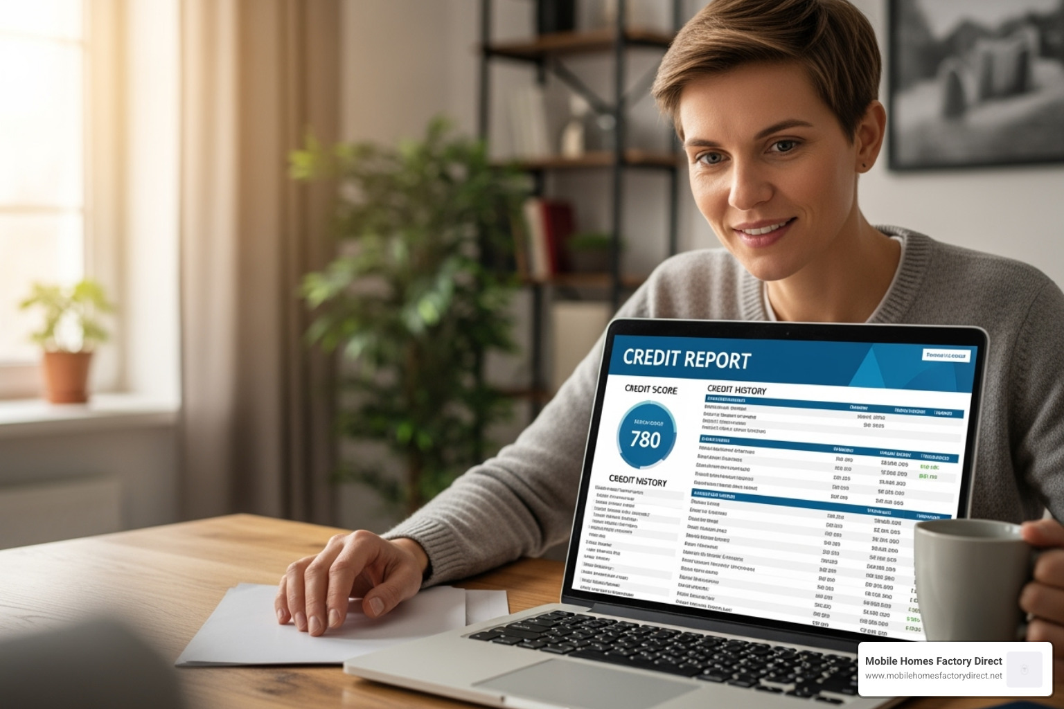 person looking at their credit report on a laptop with a smile - Homes with bad credit person looking at their credit report on a laptop with a smile - Homes with bad credit