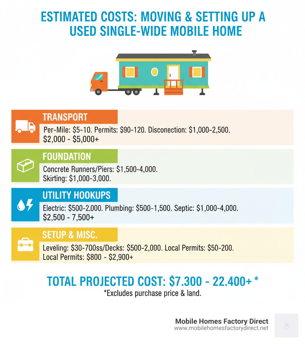Infographic showing estimated costs for moving and setting up a used single wide mobile home. Includes categories like Transport, Foundation, Utility Hookups, and Setup with example price ranges. - used single wide mobile homes for sale to be moved infographic  Infographic showing estimated costs for moving and setting up a used single wide mobile home. Includes categories like Transport, Foundation, Utility Hookups, and Setup with example price ranges. - used single wide mobile homes for sale to be moved infographic