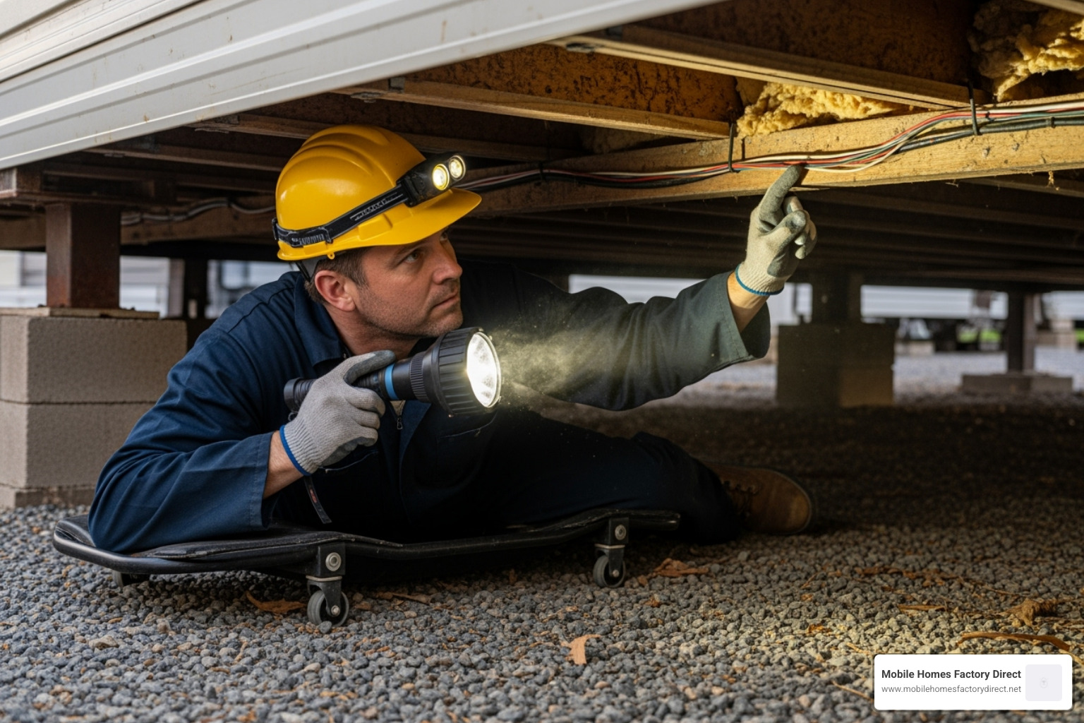 inspector examining the underbelly of a mobile home - used single wide mobile homes for sale to be moved inspector examining the underbelly of a mobile home - used single wide mobile homes for sale to be moved